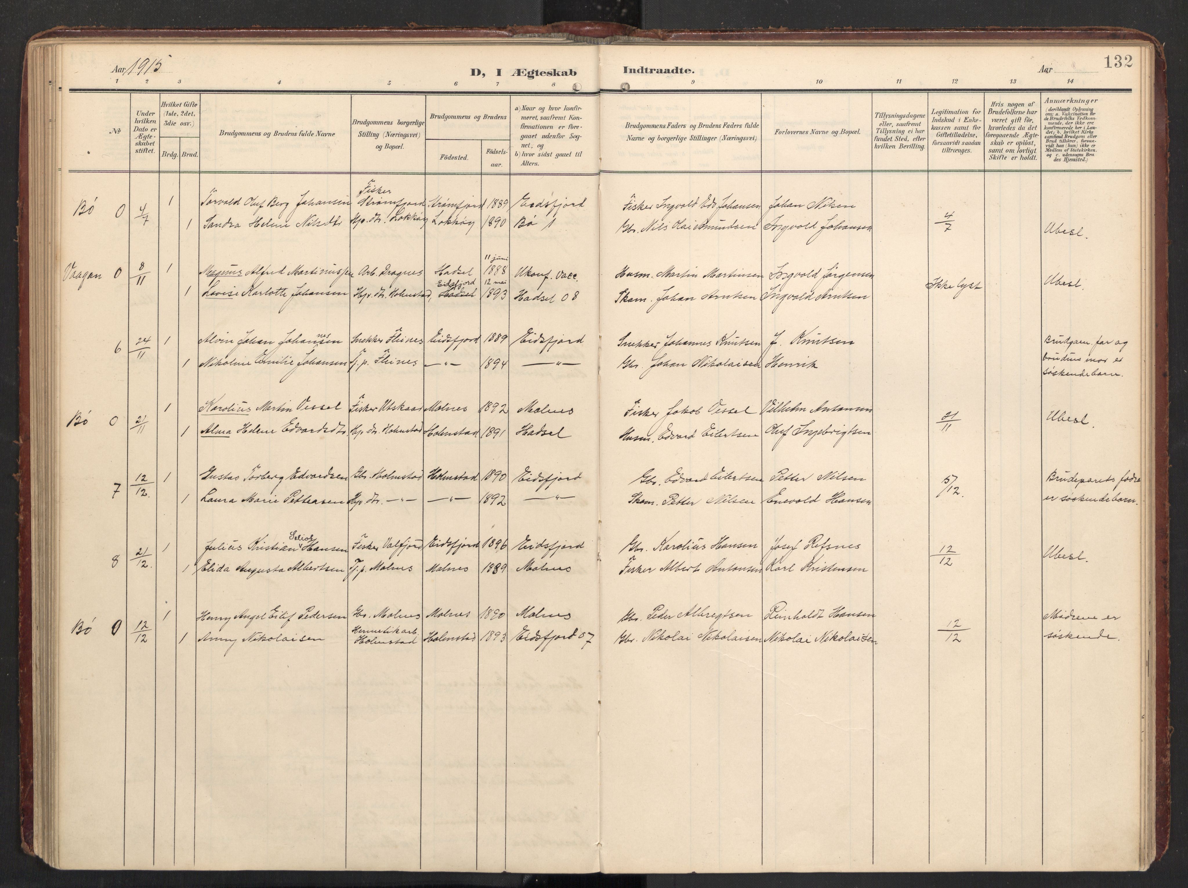 Ministerialprotokoller, klokkerbøker og fødselsregistre - Nordland, SAT/A-1459/890/L1287: Parish register (official) no. 890A02, 1903-1915, p. 132