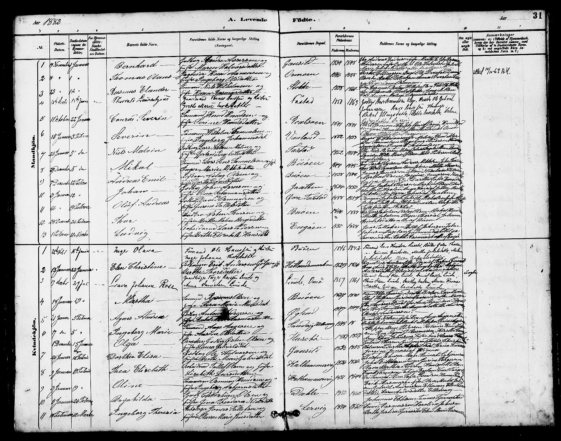 Hetland sokneprestkontor, SAST/A-101826/30/30BB/L0005: Parish register (copy) no. B 5, 1878-1910, p. 31