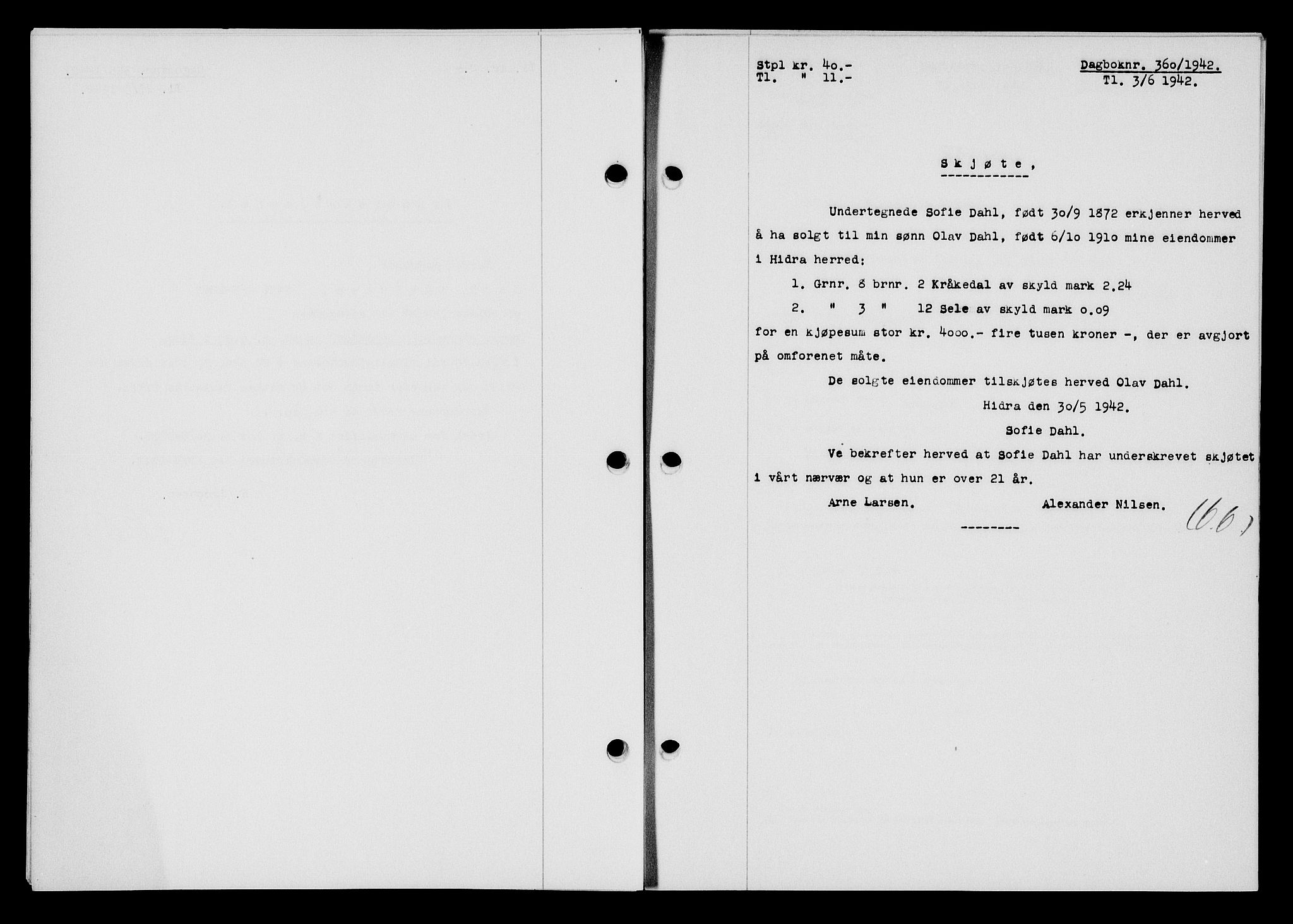 Flekkefjord sorenskriveri, SAK/1221-0001/G/Gb/Gba/L0057: Mortgage book no. A-5, 1941-1942, Diary no: : 360/1942