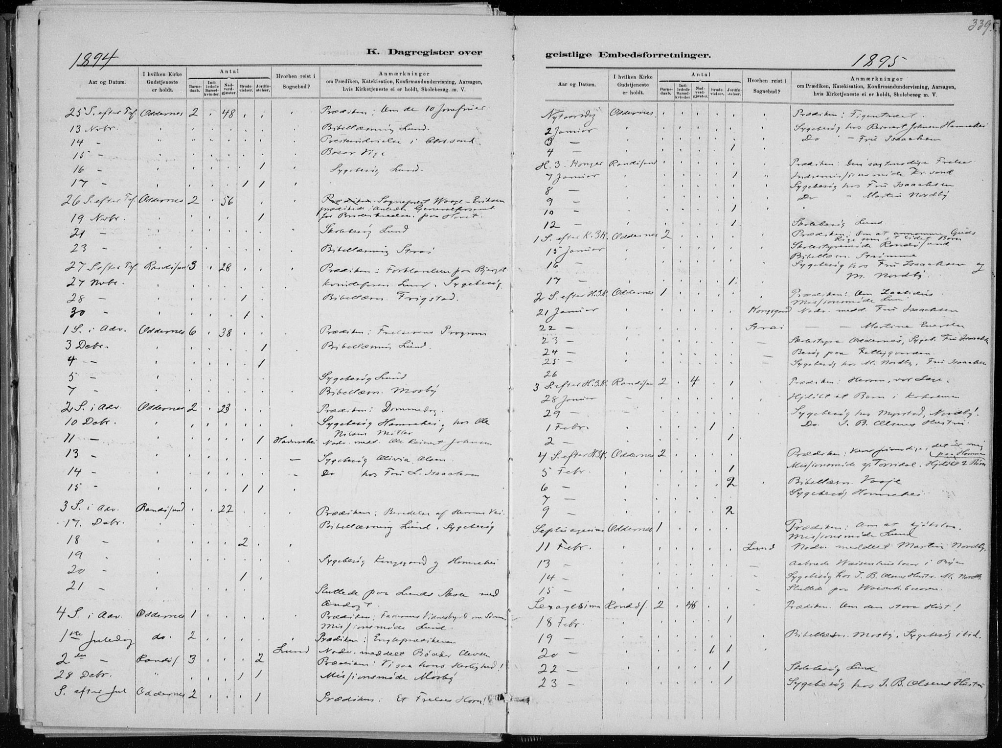 Oddernes sokneprestkontor, SAK/1111-0033/F/Fa/Faa/L0009: Parish register (official) no. A 9, 1884-1896, p. 339