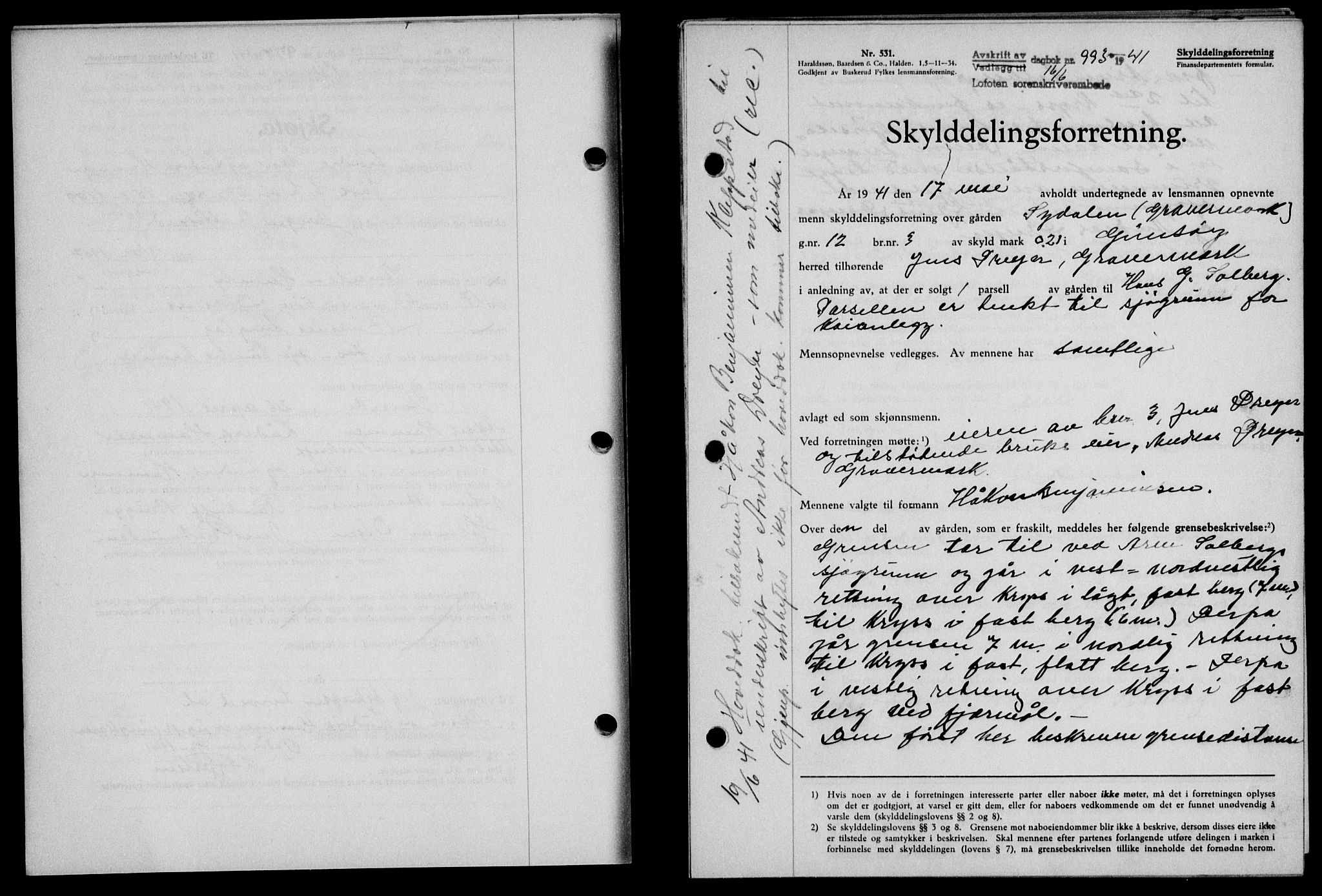 Lofoten sorenskriveri, SAT/A-0017/1/2/2C/L0008a: Mortgage book no. 8a, 1940-1941, Diary no: : 993/1941
