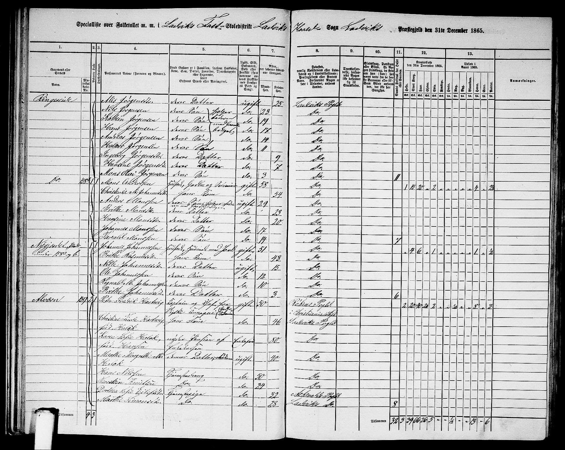 RA, 1865 census for Lavik, 1865, p. 31