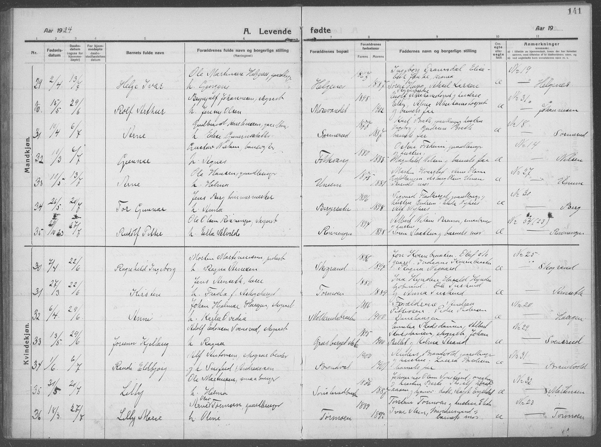 Brandval prestekontor, AV/SAH-PREST-034/H/Ha/Haa/L0004: Parish register (official) no. 4, 1910-1924, p. 141