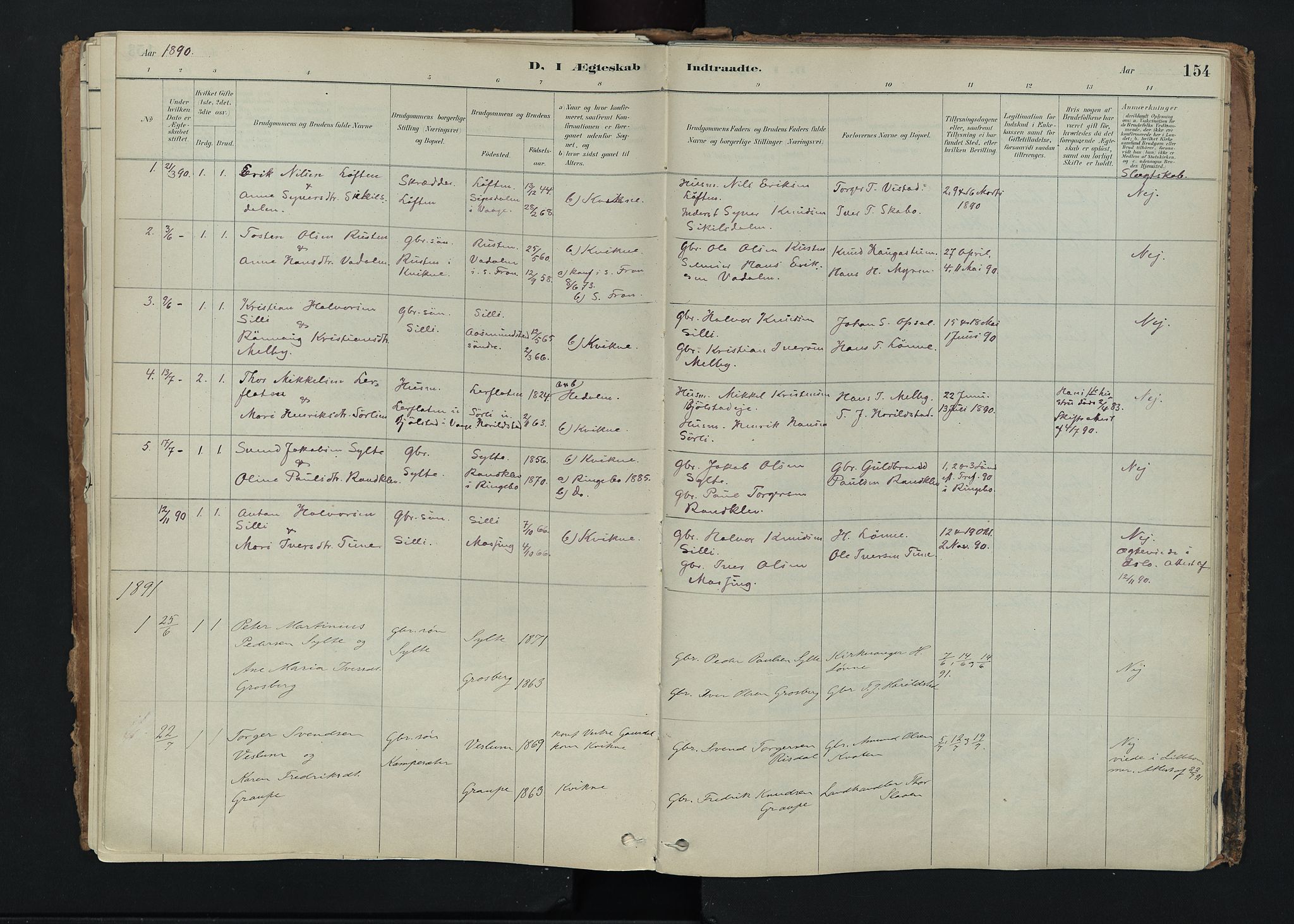 Nord-Fron prestekontor, SAH/PREST-080/H/Ha/Haa/L0005: Parish register (official) no. 5, 1884-1914, p. 154