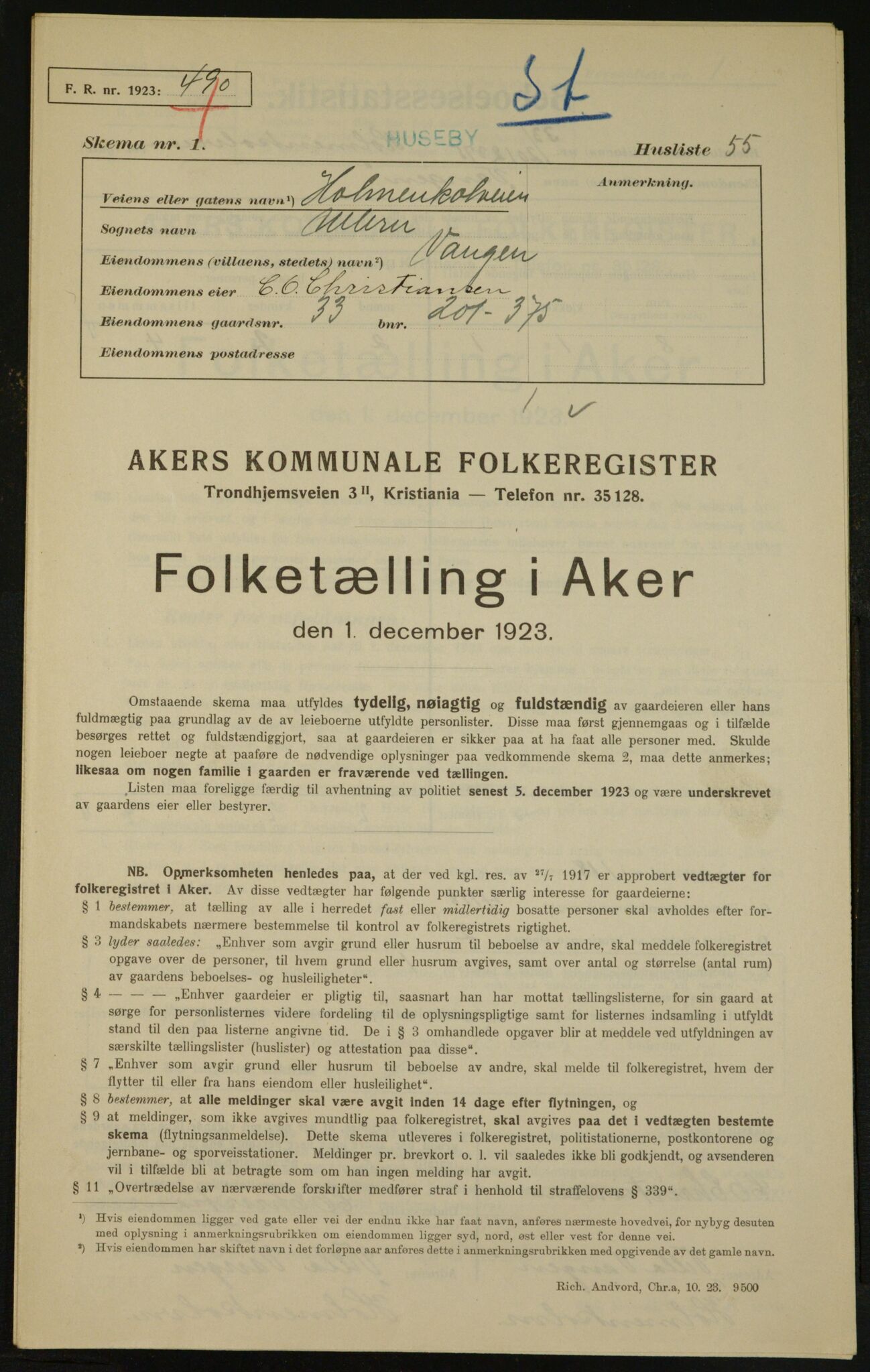 , Municipal Census 1923 for Aker, 1923, p. 2963