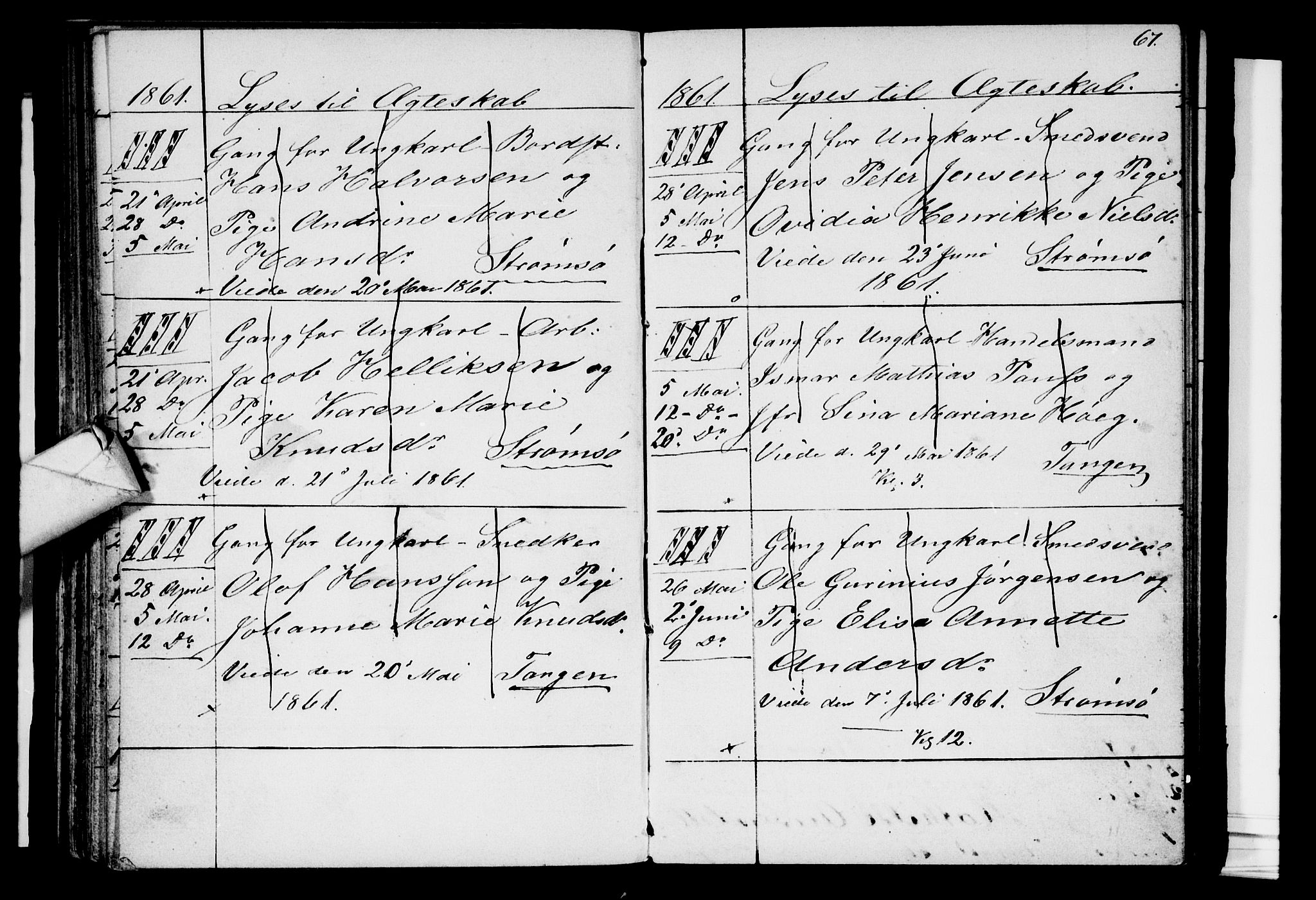 Strømsø kirkebøker, SAKO/A-246/H/Ha/L0002: Banns register no. 2, 1850-1866, p. 67