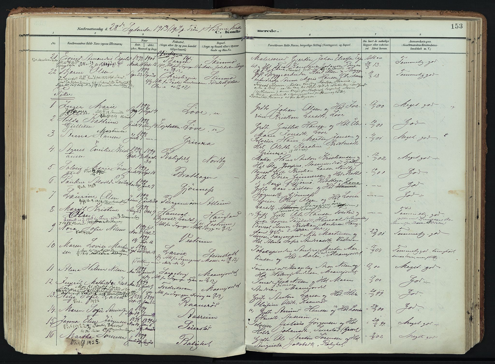 Hedrum kirkebøker, SAKO/A-344/F/Fa/L0010: Parish register (official) no. I 10, 1904-1918, p. 153