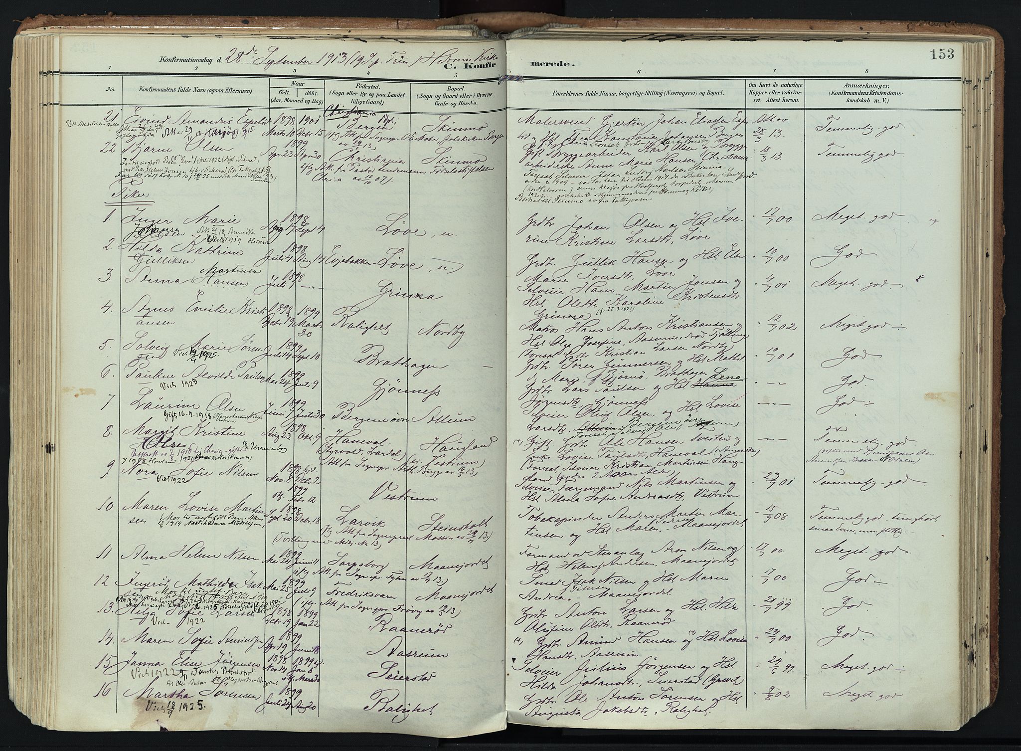 Hedrum kirkebøker, AV/SAKO-A-344/F/Fa/L0010: Parish register (official) no. I 10, 1904-1918, p. 153