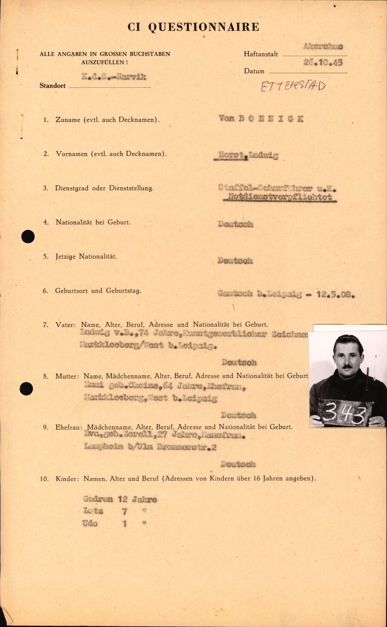 Forsvaret, Forsvarets overkommando II, RA/RAFA-3915/D/Db/L0003: CI Questionaires. Tyske okkupasjonsstyrker i Norge. Tyskere., 1945-1946, p. 524