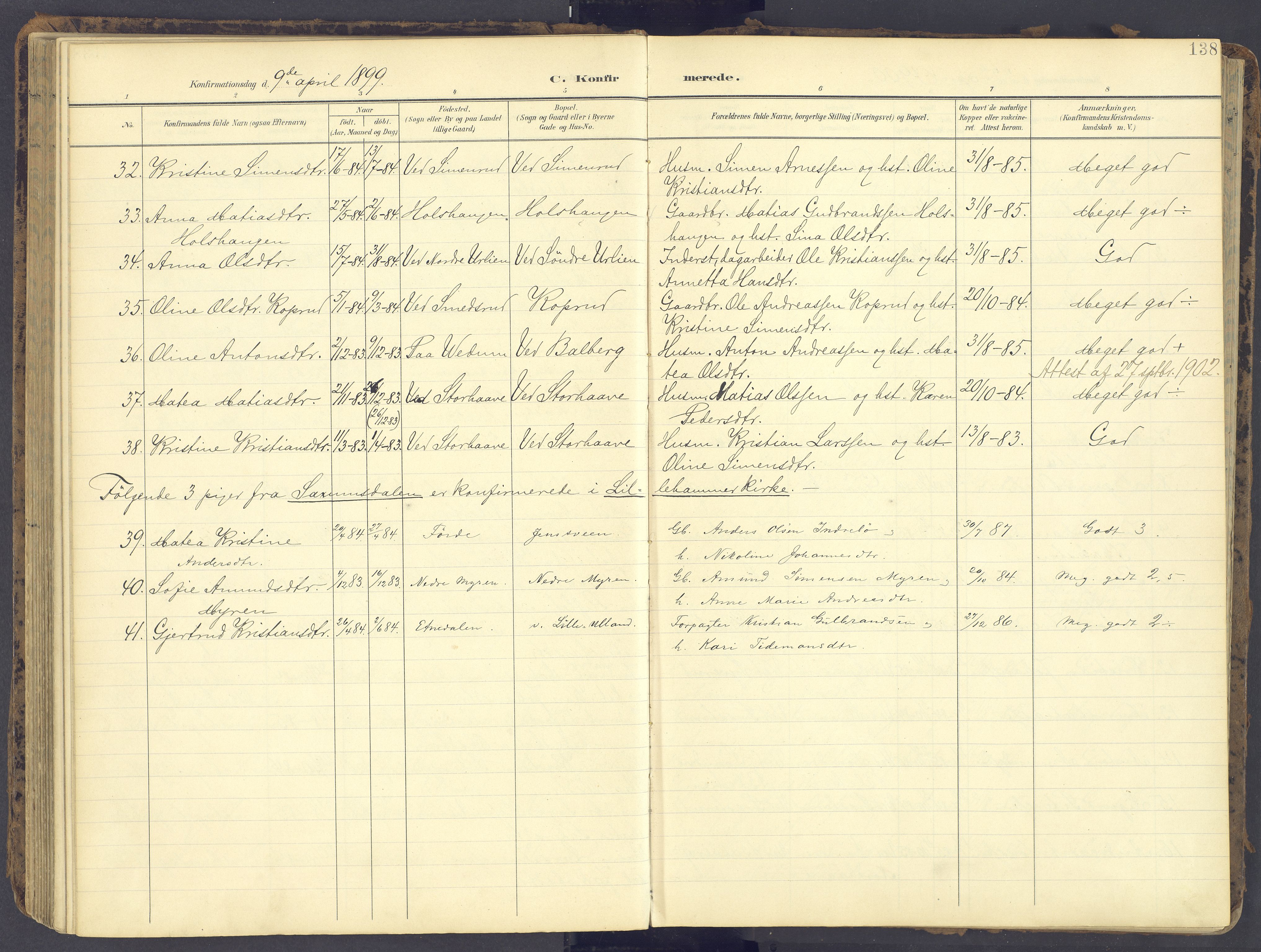 Fåberg prestekontor, AV/SAH-PREST-086/H/Ha/Haa/L0012: Parish register (official) no. 12, 1899-1915, p. 138