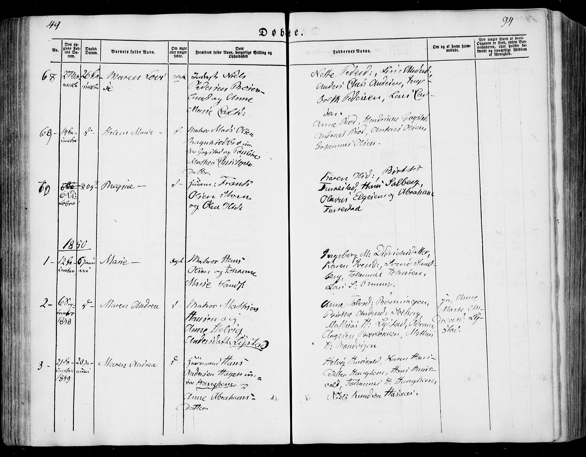 Sandar kirkebøker, SAKO/A-243/F/Fa/L0006: Parish register (official) no. 6, 1847-1860, p. 94