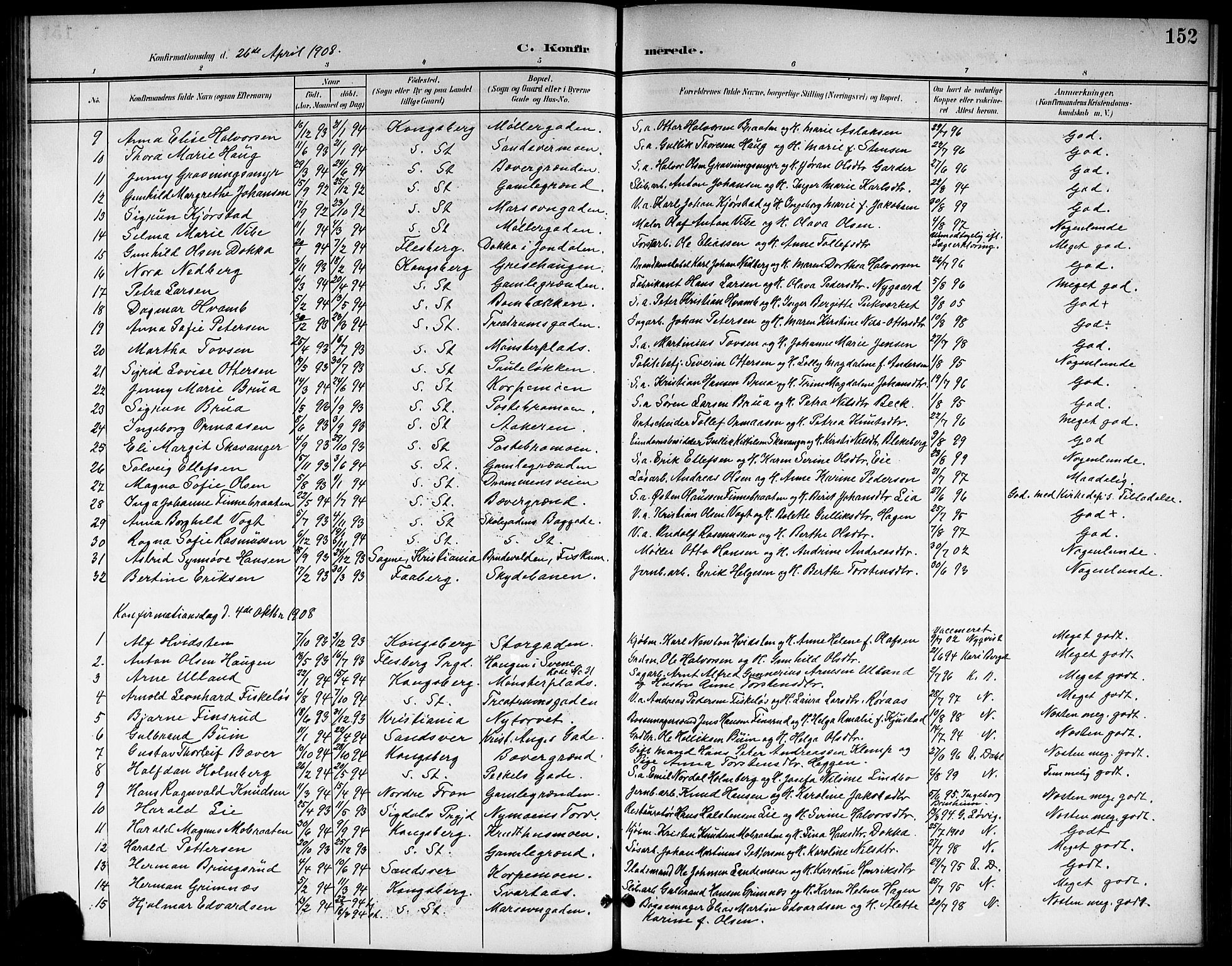 Kongsberg kirkebøker, SAKO/A-22/G/Ga/L0007: Parish register (copy) no. 7, 1901-1915, p. 152