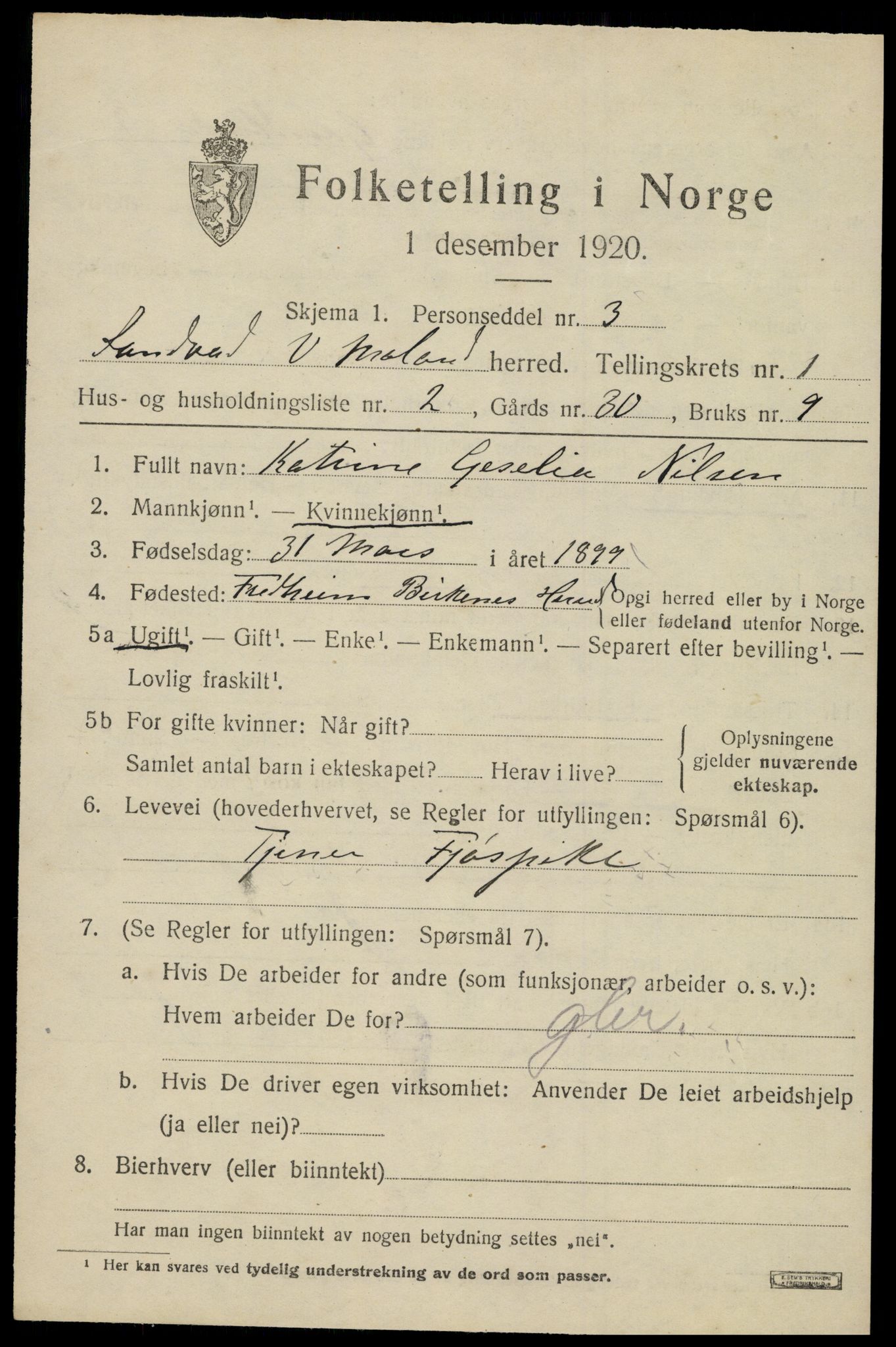 SAK, 1920 census for Vestre Moland, 1920, p. 1057