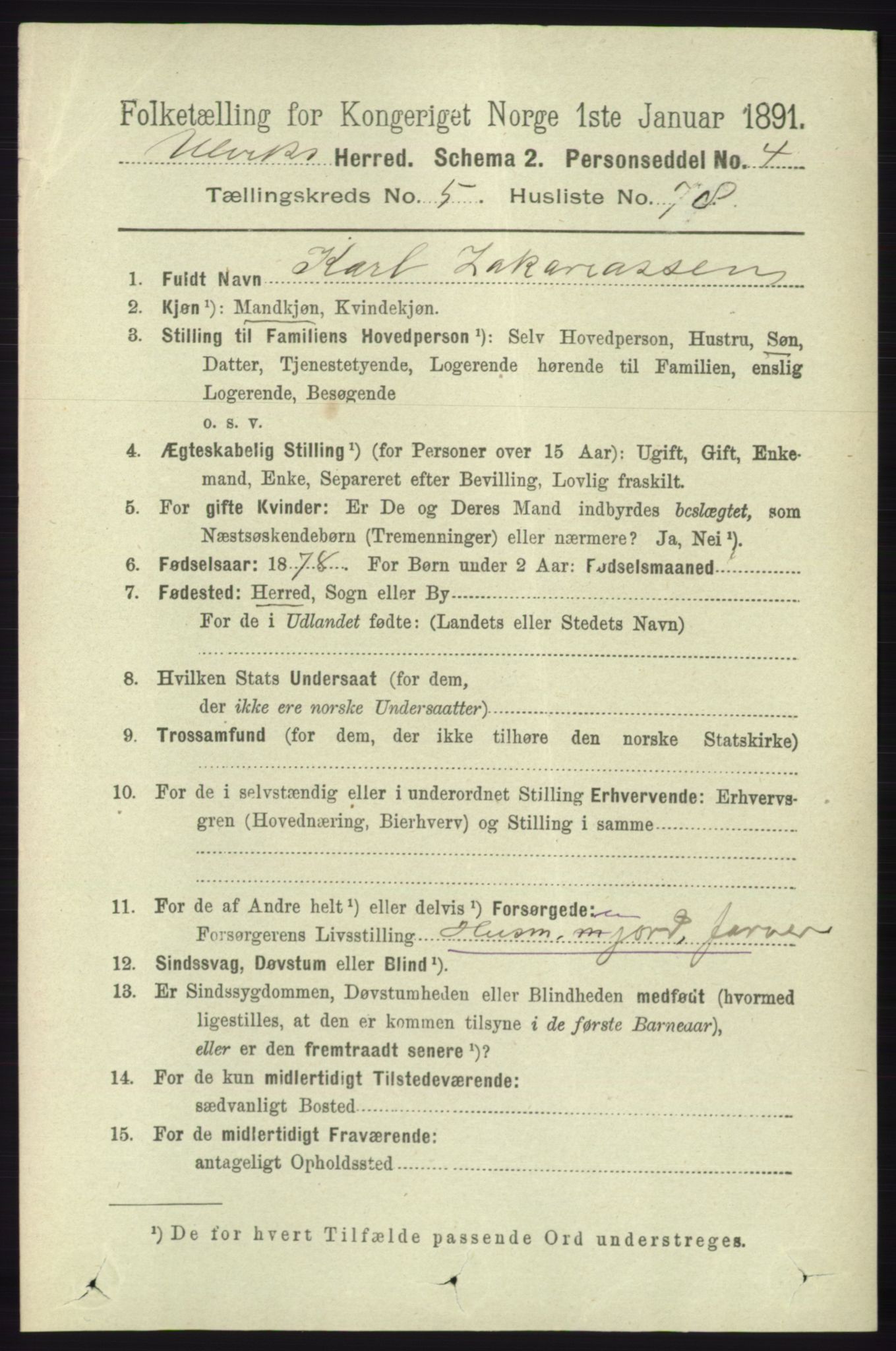 RA, 1891 census for 1233 Ulvik, 1891, p. 1792