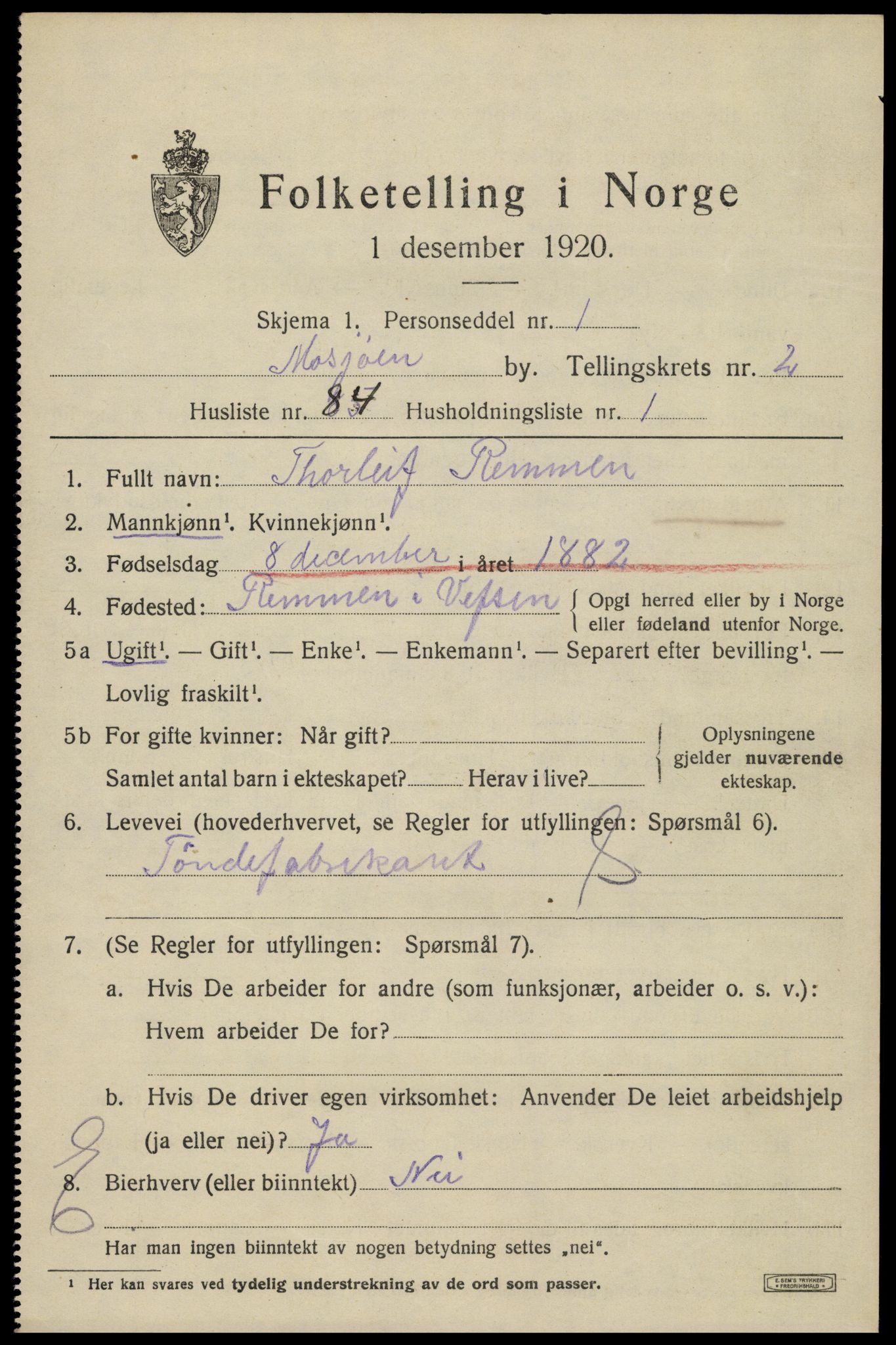 SAT, 1920 census for Mosjøen, 1920, p. 4510