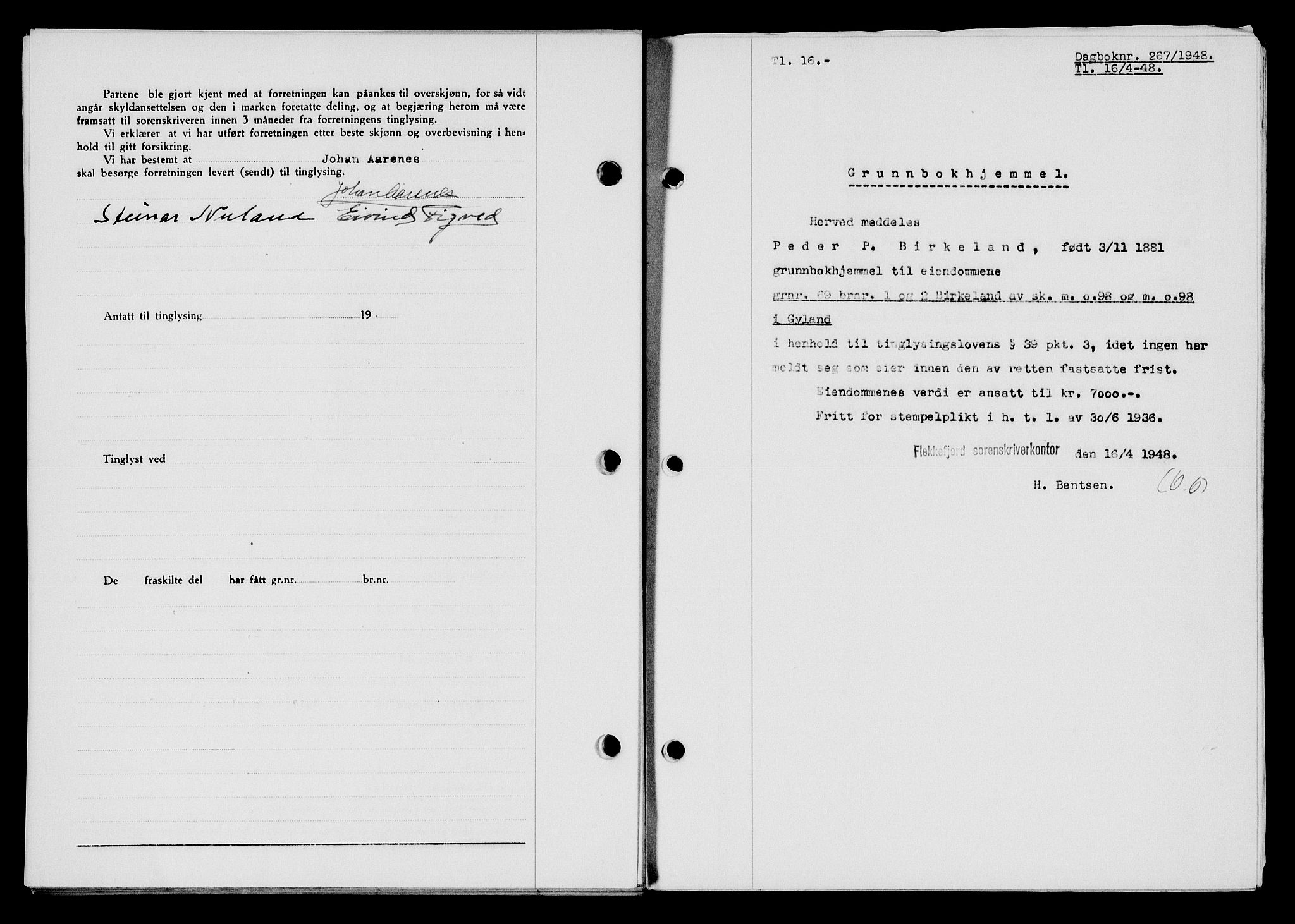 Flekkefjord sorenskriveri, AV/SAK-1221-0001/G/Gb/Gba/L0063: Mortgage book no. A-11, 1947-1948, Diary no: : 267/1948