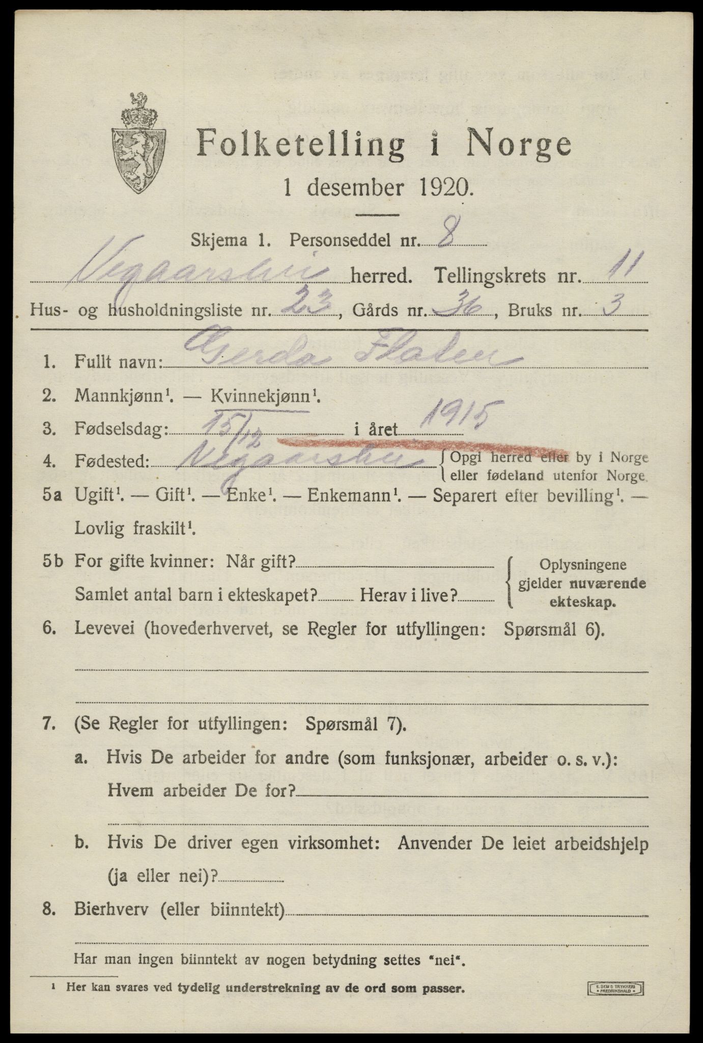 SAK, 1920 census for Vegårshei, 1920, p. 3732