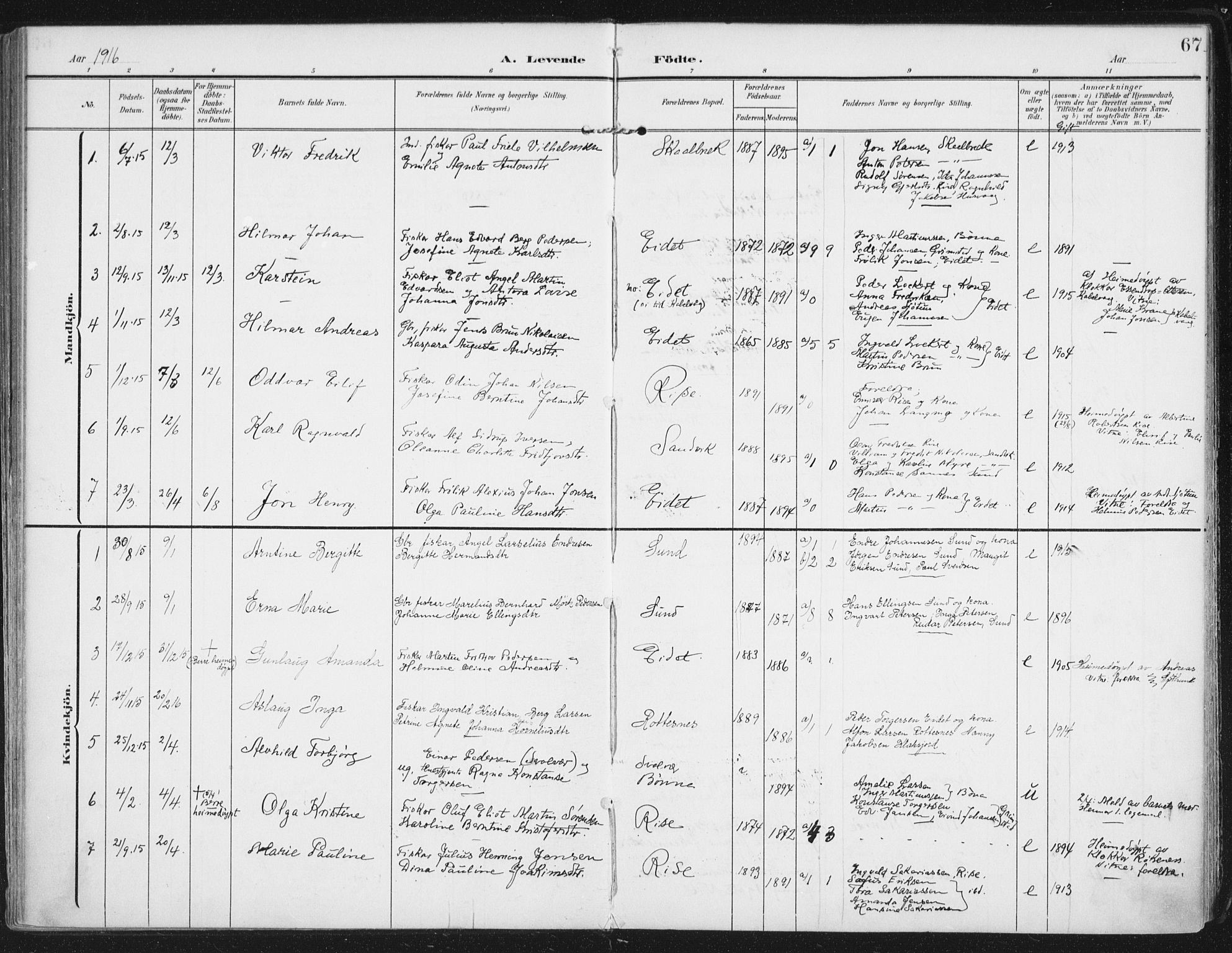 Ministerialprotokoller, klokkerbøker og fødselsregistre - Nordland, SAT/A-1459/892/L1321: Parish register (official) no. 892A02, 1902-1918, p. 67