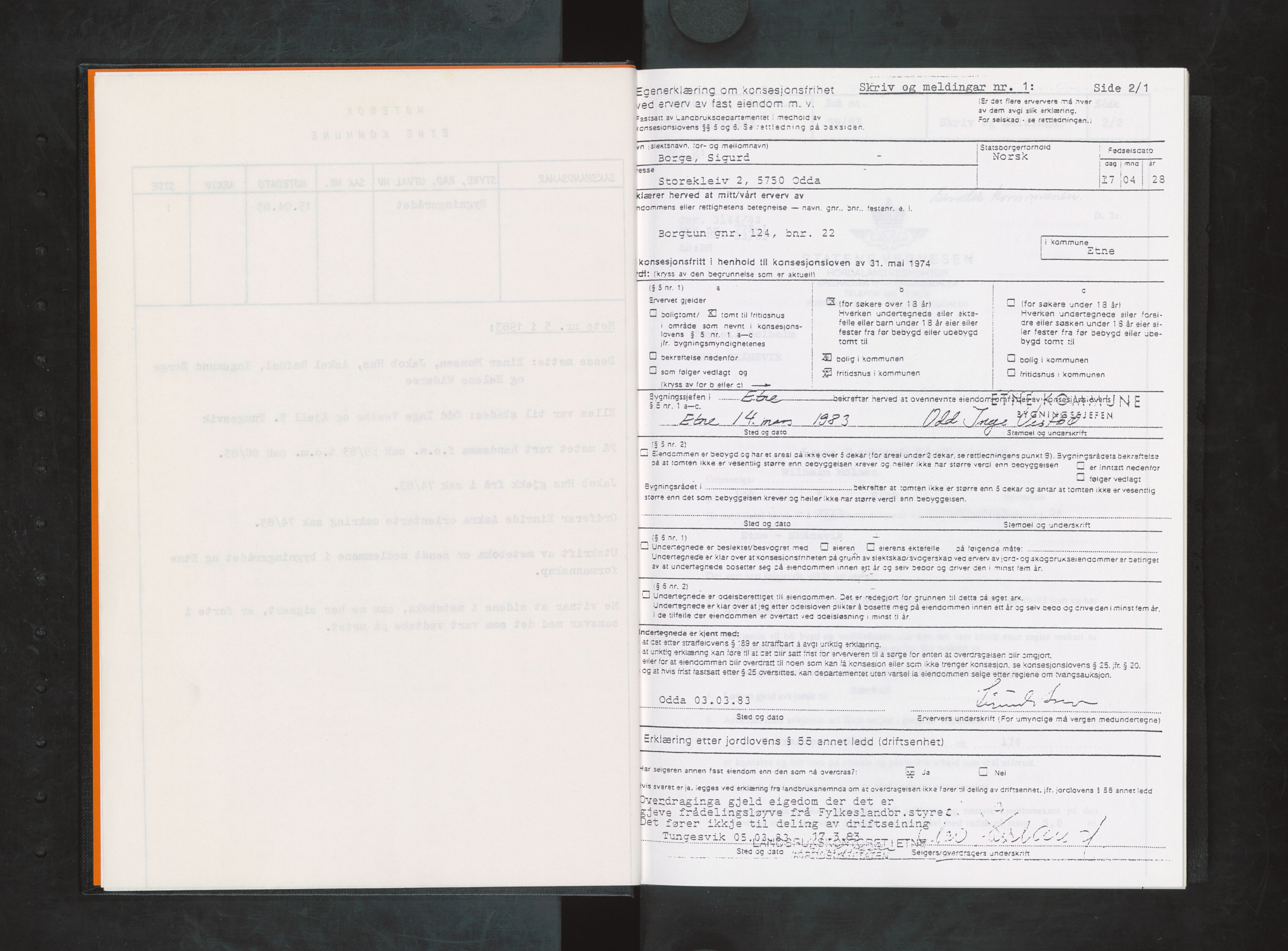 Etne kommune. Bygningsrådet, IKAH/1211-511/A/Aa/L0028: Møtebok Etne bygningsråd II, 1983