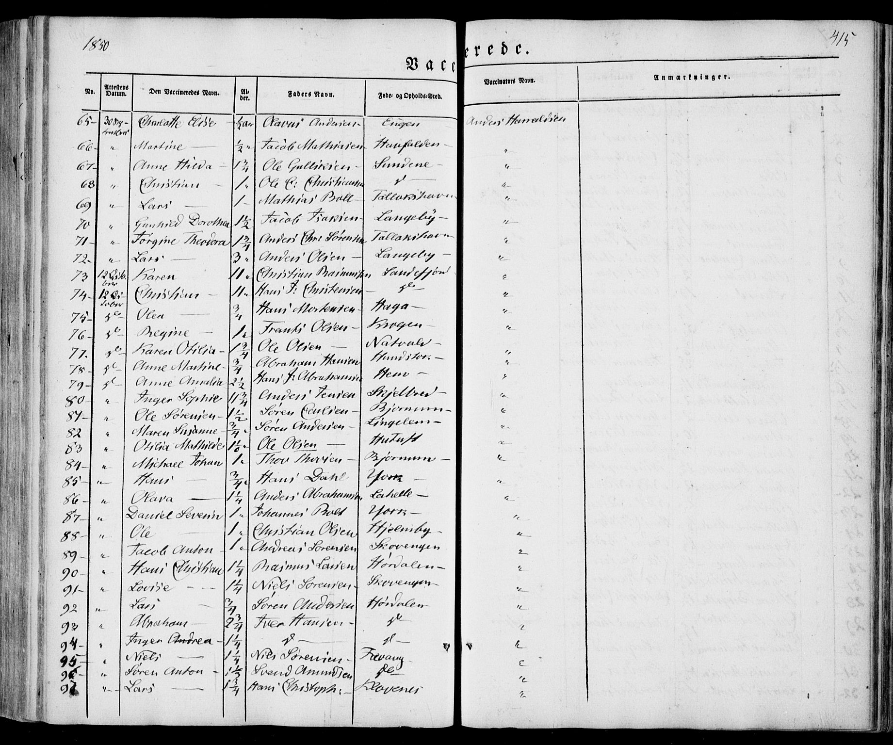 Sandar kirkebøker, SAKO/A-243/F/Fa/L0006: Parish register (official) no. 6, 1847-1860, p. 415
