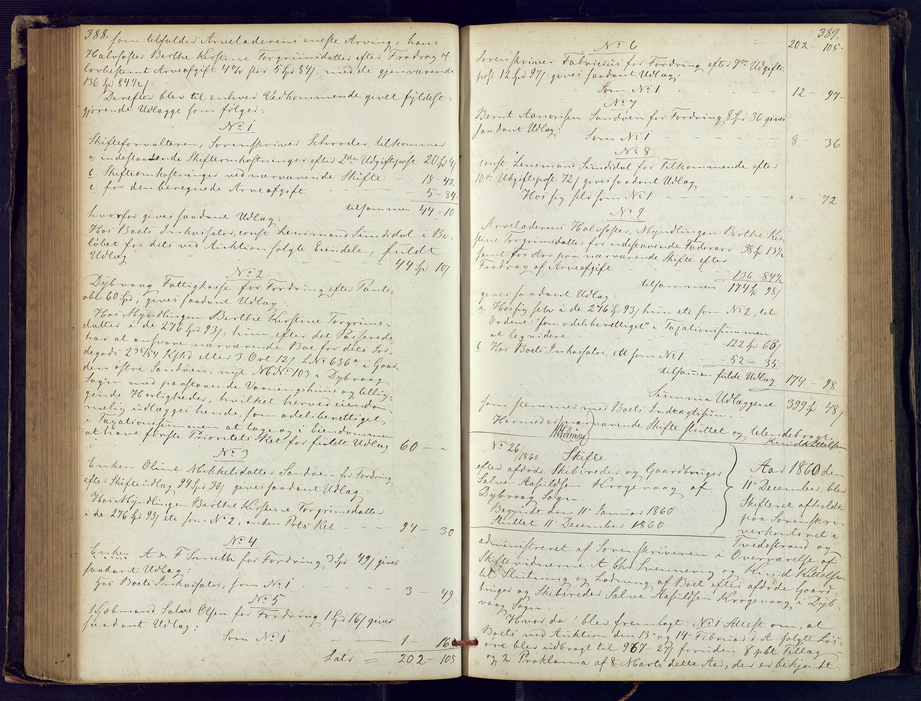 Holt sorenskriveri, SAK/1221-0002/H/Hc/L0029: Skifteutlodningsprotokoll nr. 4 med løst register, 1857-1862, p. 388-389