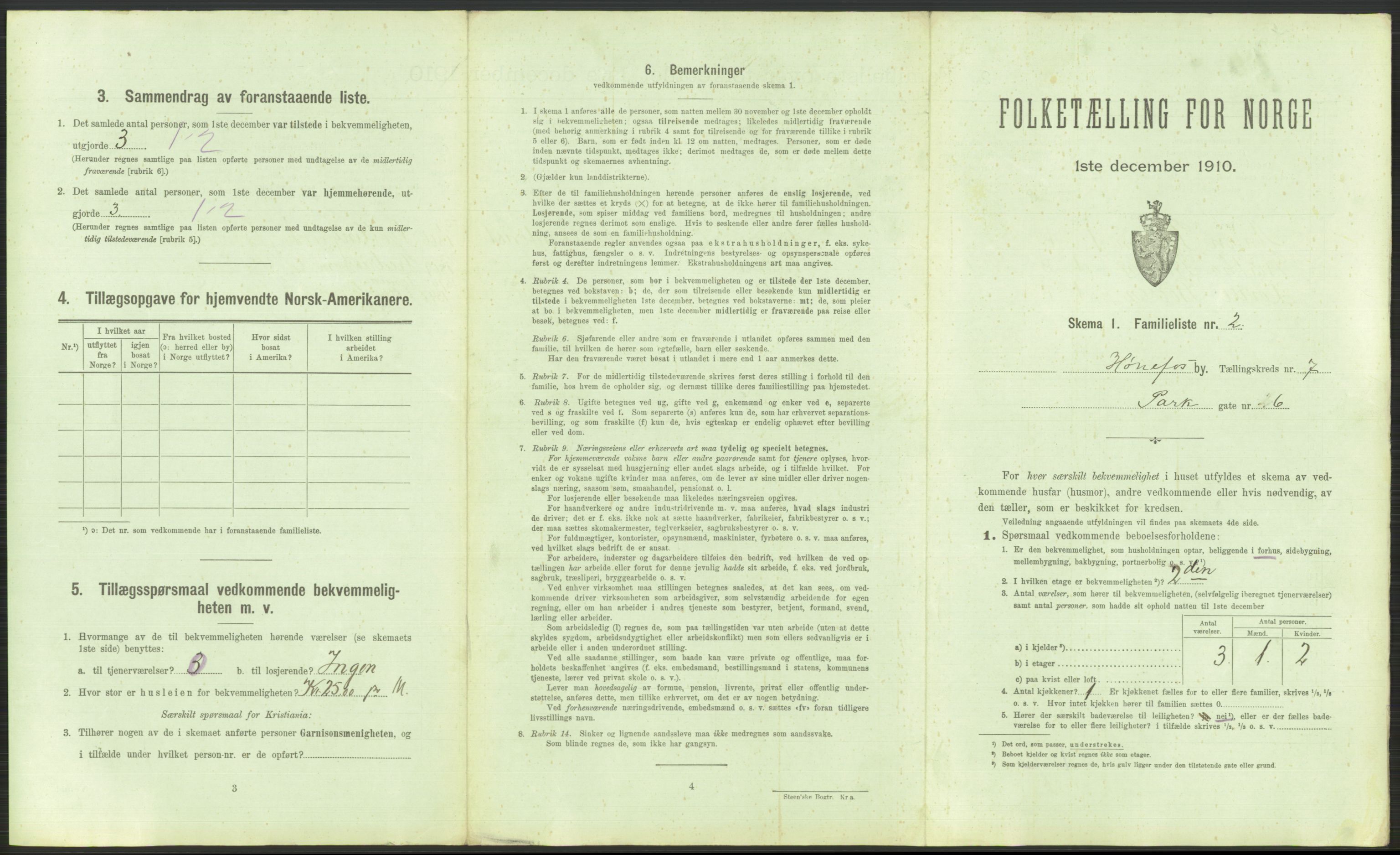 RA, 1910 census for Hønefoss, 1910