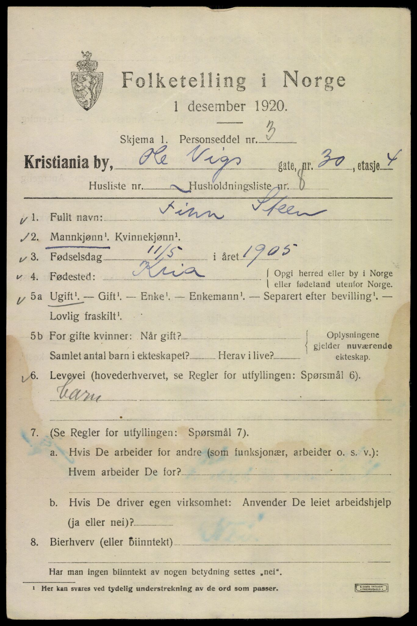 SAO, 1920 census for Kristiania, 1920, p. 434233