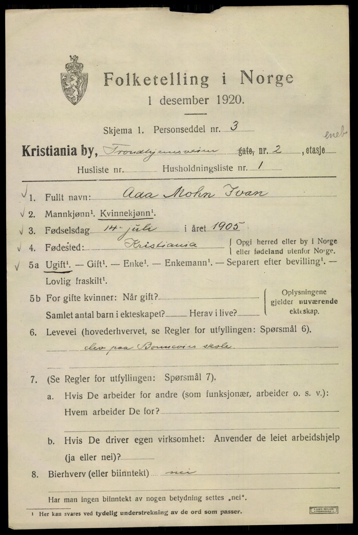 SAO, 1920 census for Kristiania, 1920, p. 598381