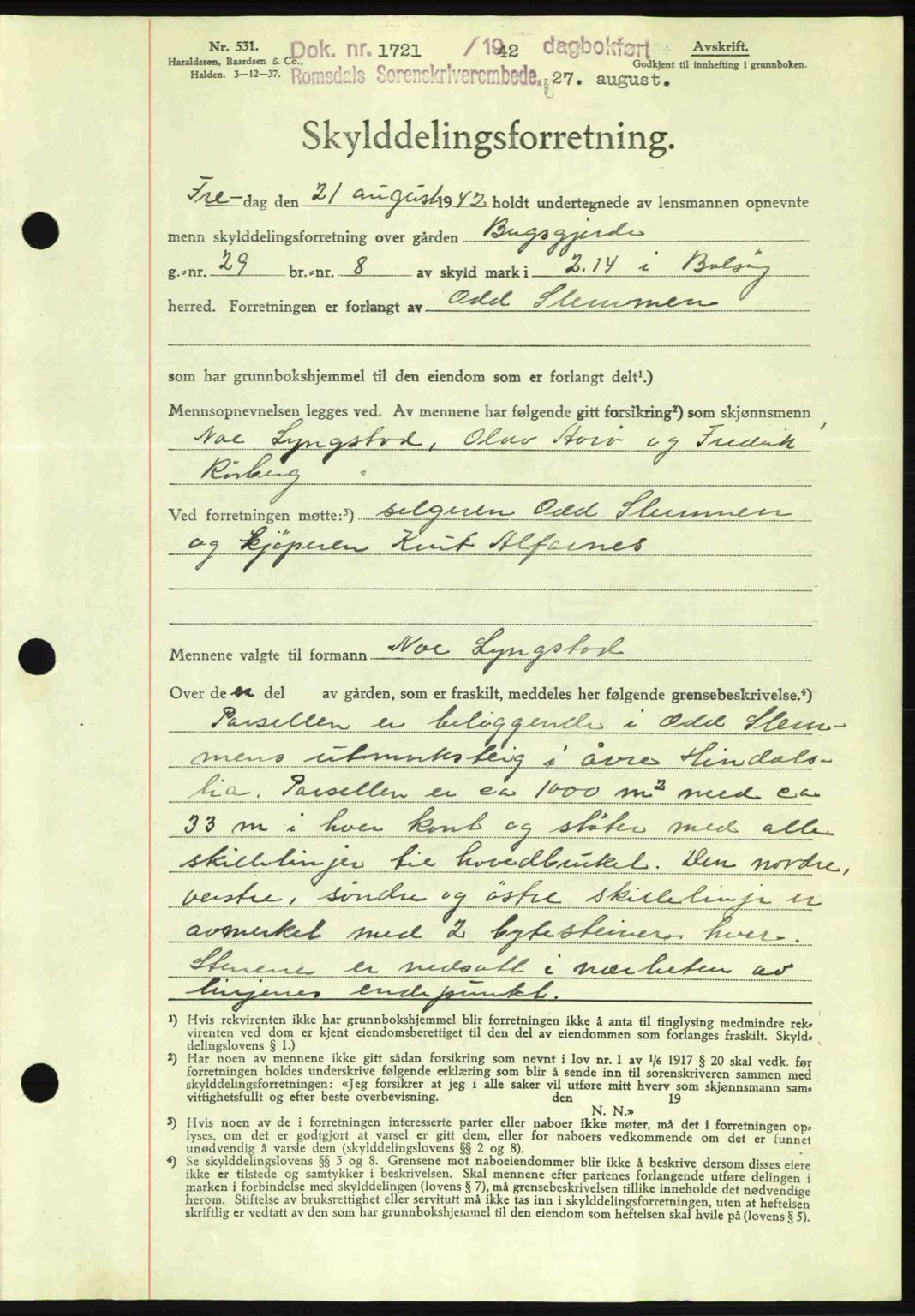 Romsdal sorenskriveri, AV/SAT-A-4149/1/2/2C: Mortgage book no. A12, 1942-1942, Diary no: : 1721/1942