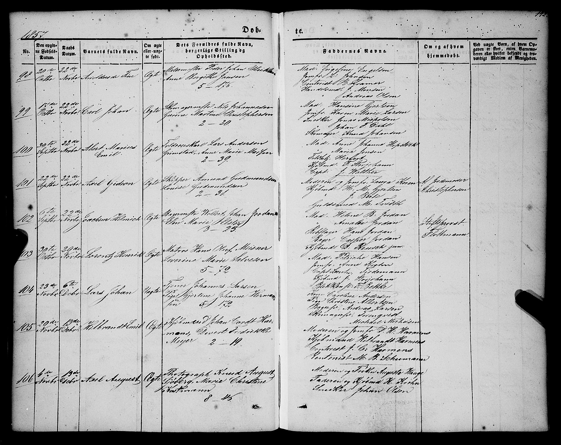 Nykirken Sokneprestembete, AV/SAB-A-77101/H/Haa/L0014: Parish register (official) no. B 1, 1844-1858, p. 142