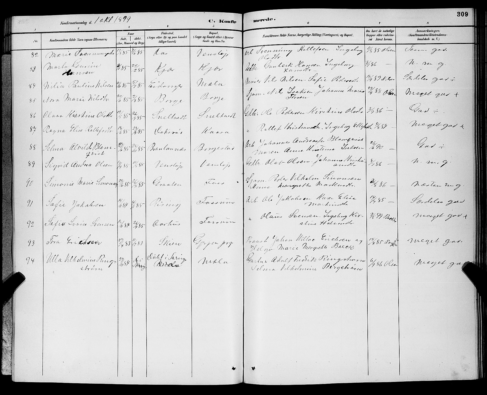 Gjerpen kirkebøker, SAKO/A-265/G/Ga/L0002: Parish register (copy) no. I 2, 1883-1900, p. 309
