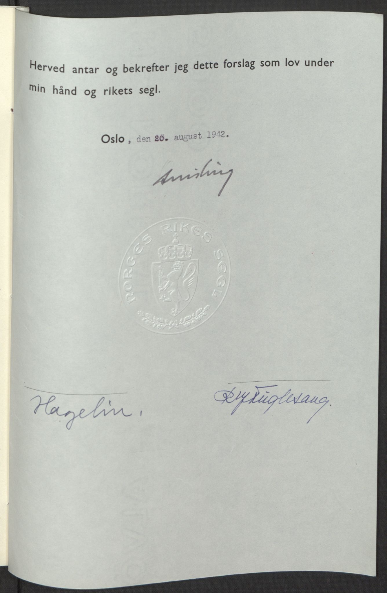 NS-administrasjonen 1940-1945 (Statsrådsekretariatet, de kommisariske statsråder mm), RA/S-4279/D/Db/L0098: Lover II, 1942, p. 292