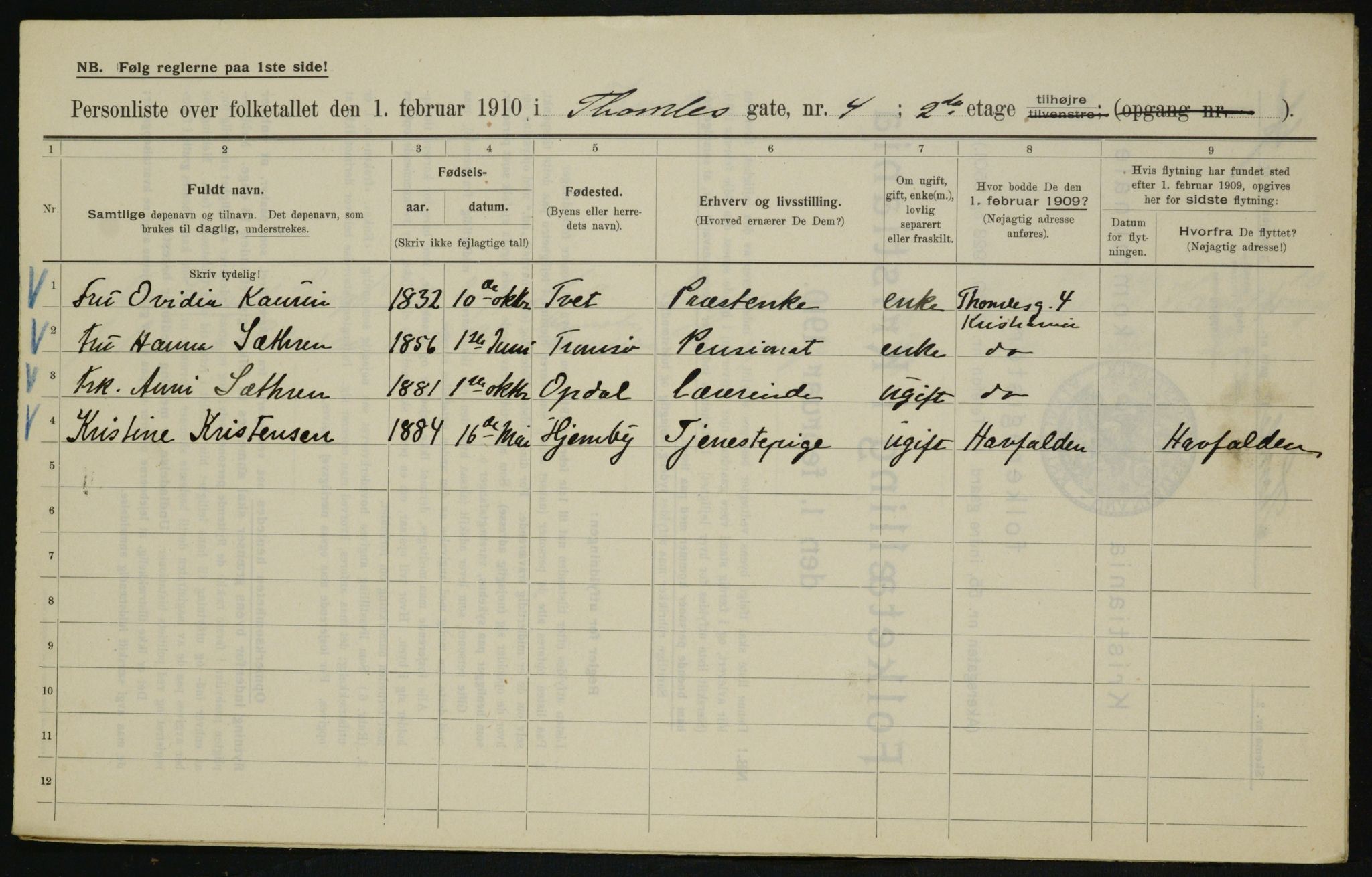 OBA, Municipal Census 1910 for Kristiania, 1910, p. 103664