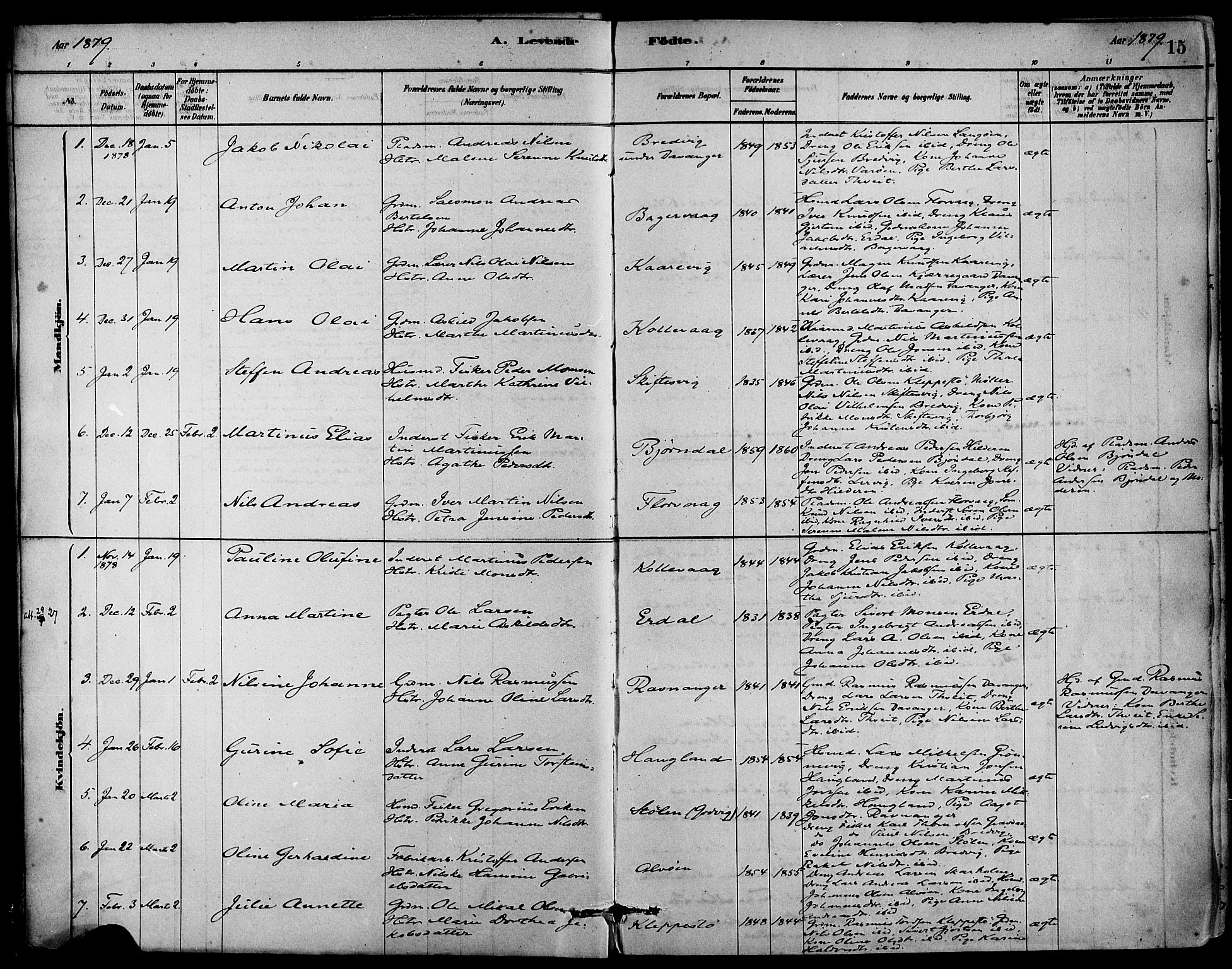 Askøy Sokneprestembete, SAB/A-74101/H/Ha/Haa/Haab/L0001: Parish register (official) no. B 1, 1878-1889, p. 15