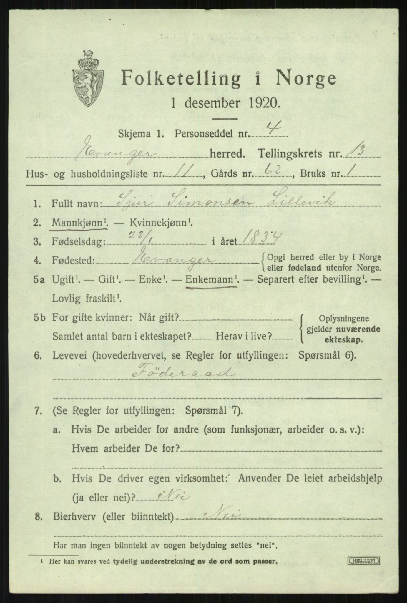 SAB, 1920 census for Evanger, 1920, p. 3967