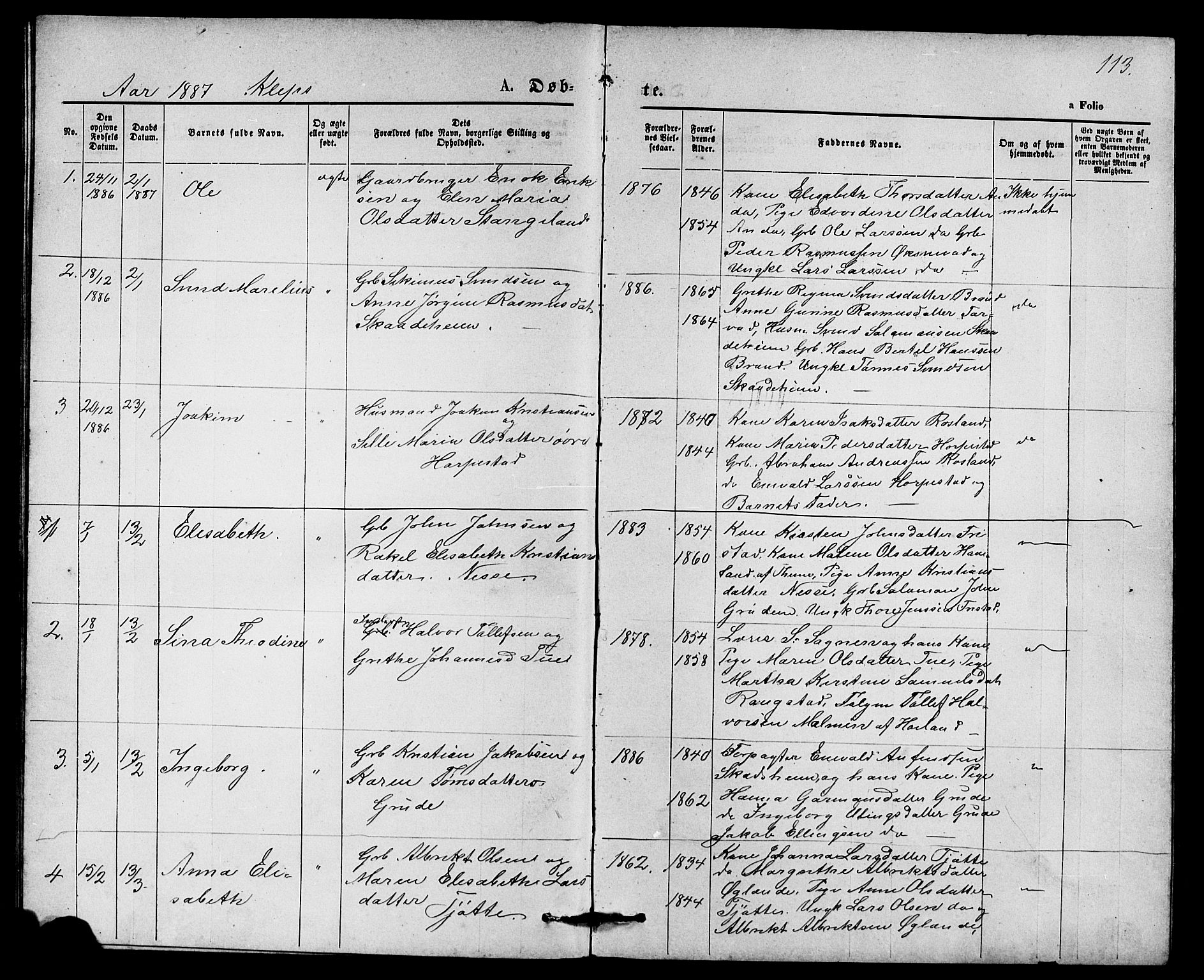 Klepp sokneprestkontor, AV/SAST-A-101803/001/3/30BB/L0003: Parish register (copy) no. B 3, 1876-1888, p. 113