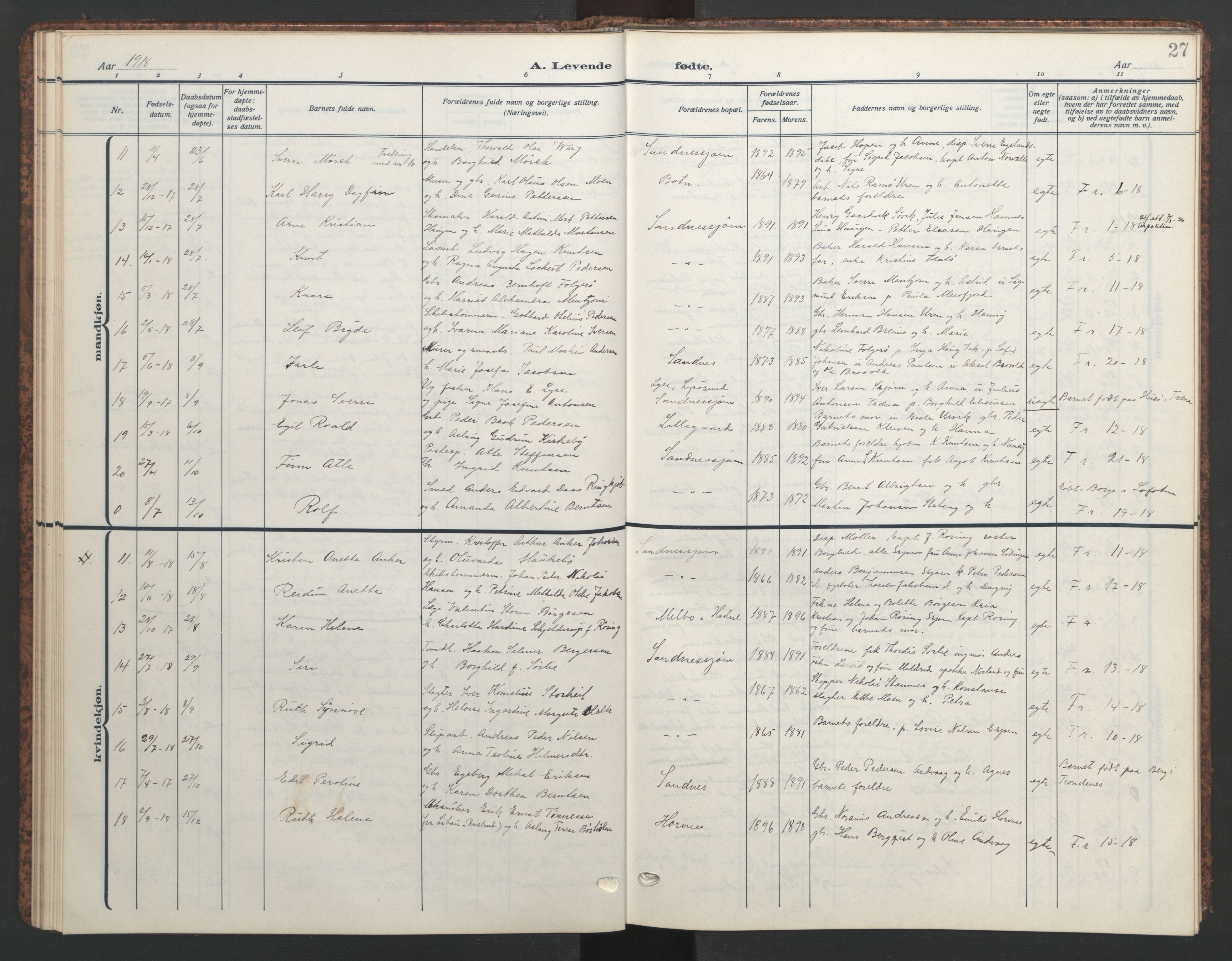 Ministerialprotokoller, klokkerbøker og fødselsregistre - Nordland, SAT/A-1459/831/L0480: Parish register (copy) no. 831C07, 1909-1946, p. 27