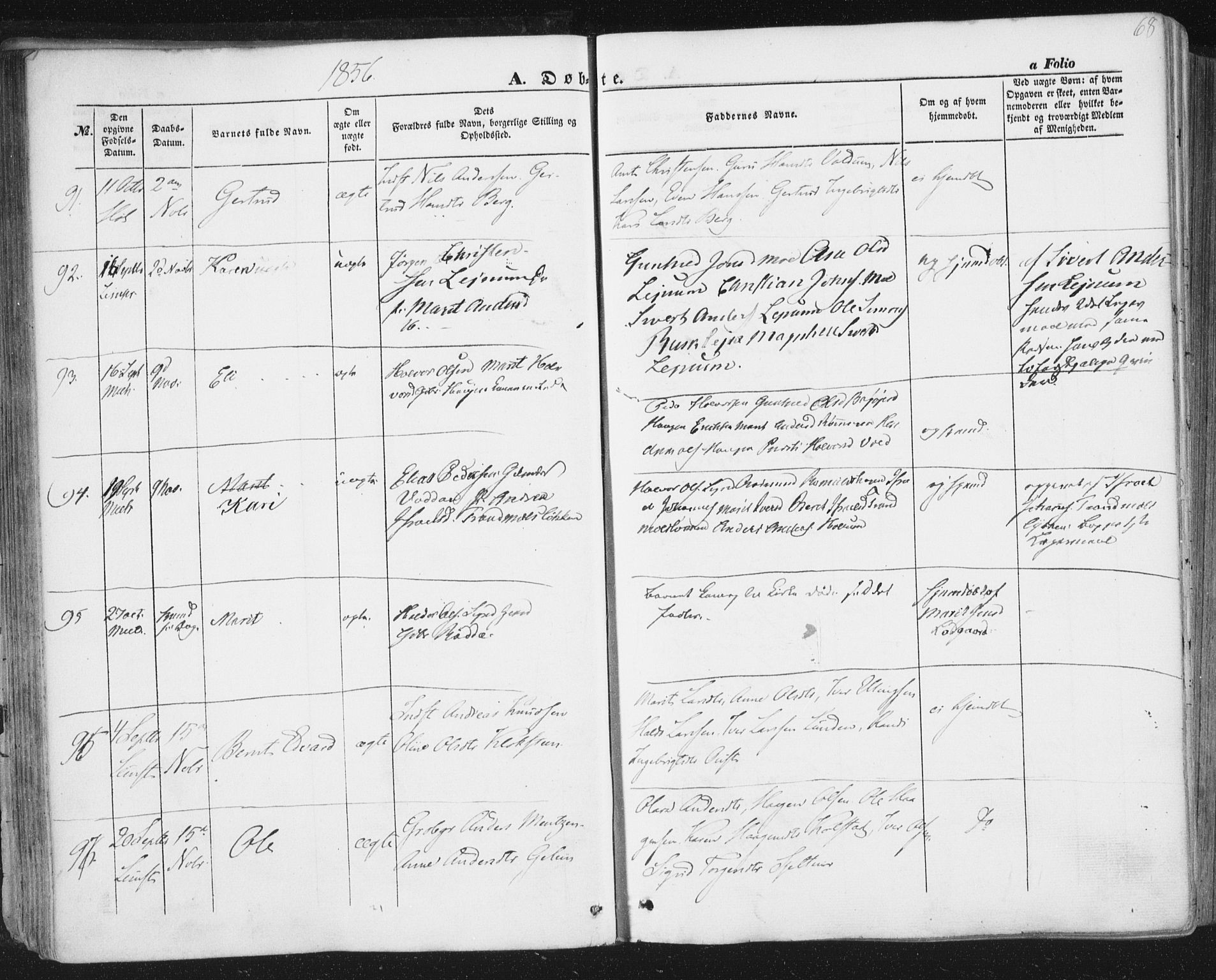 Ministerialprotokoller, klokkerbøker og fødselsregistre - Sør-Trøndelag, AV/SAT-A-1456/691/L1076: Parish register (official) no. 691A08, 1852-1861, p. 68