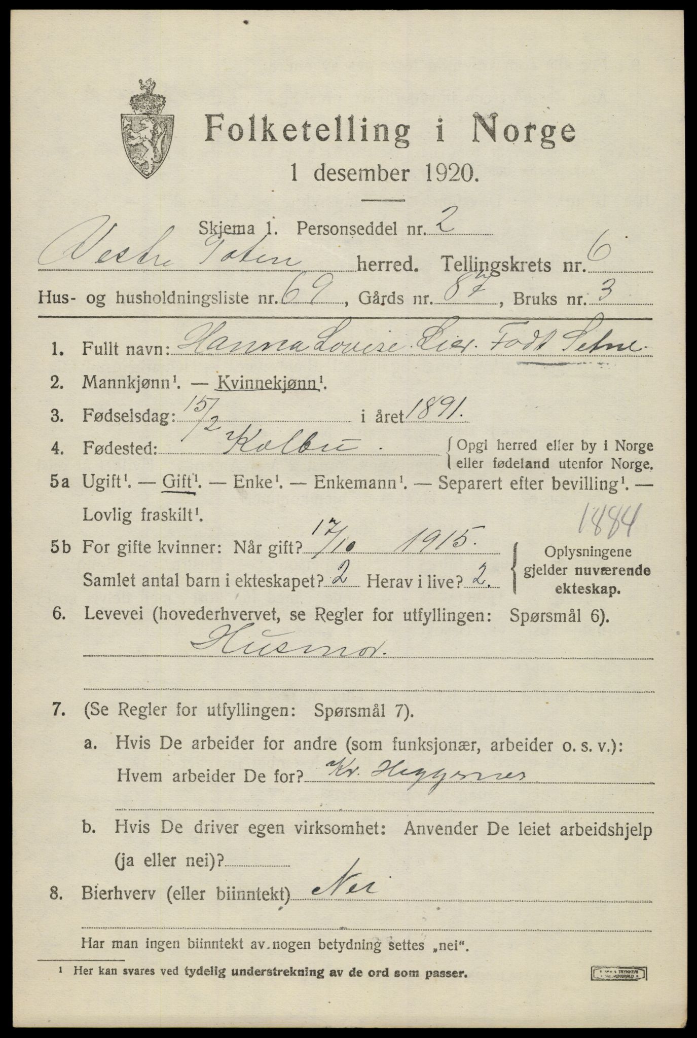 SAH, 1920 census for Vestre Toten, 1920, p. 8912