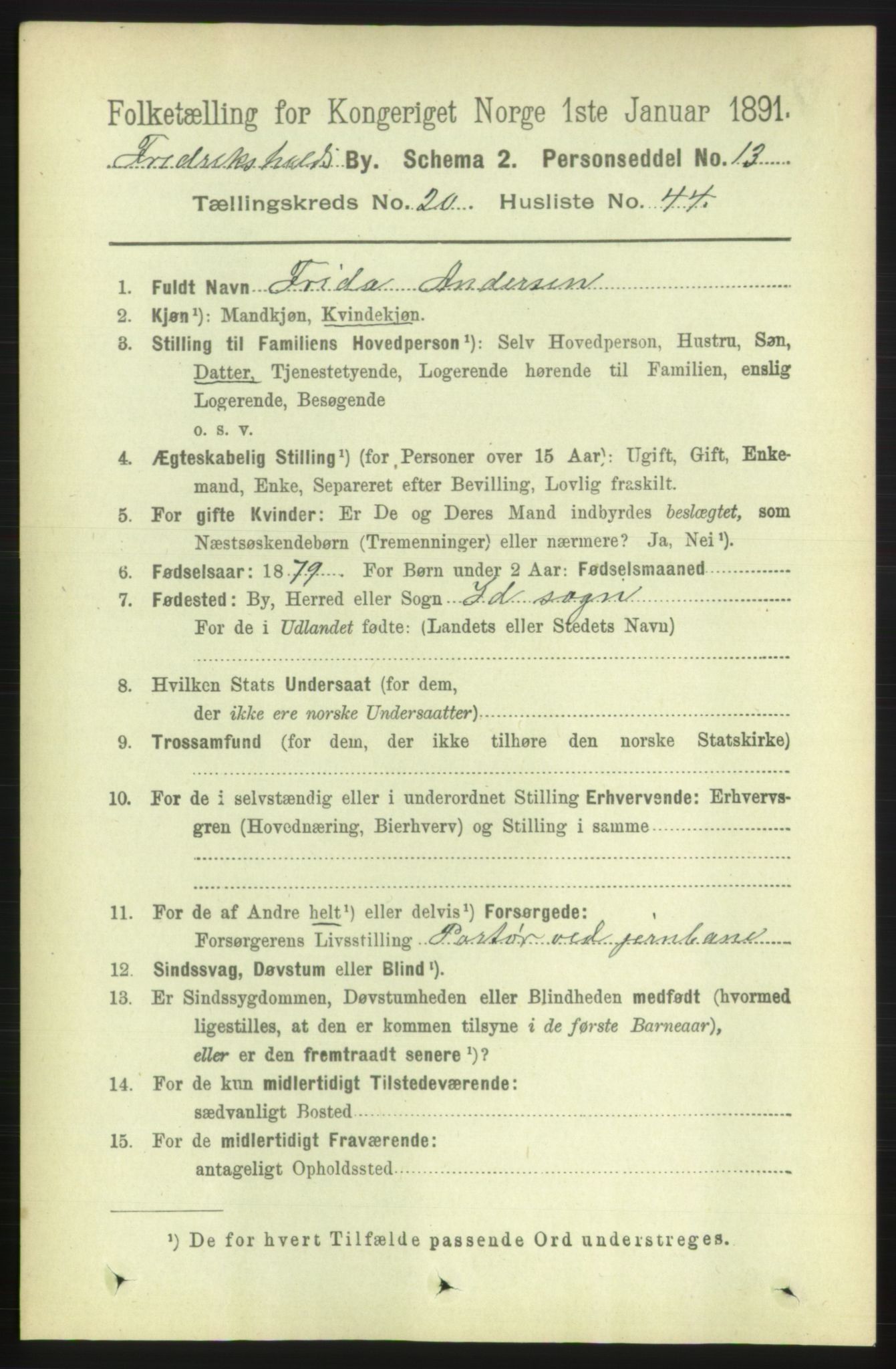 RA, 1891 census for 0101 Fredrikshald, 1891, p. 12958