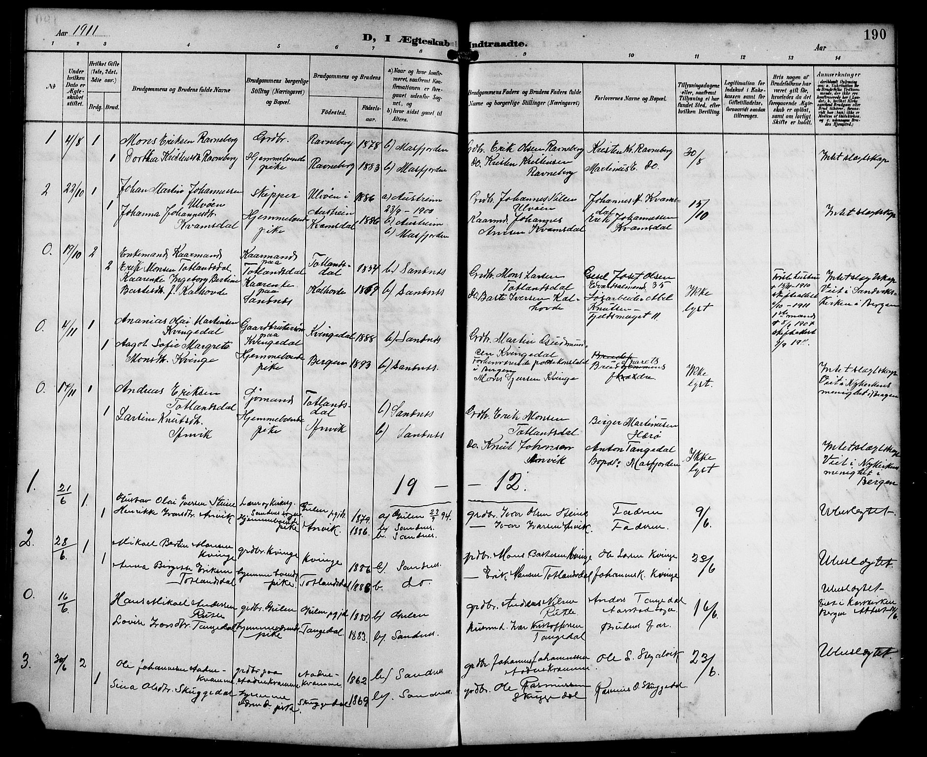 Masfjorden Sokneprestembete, SAB/A-77001: Parish register (copy) no. B 1, 1892-1913, p. 190