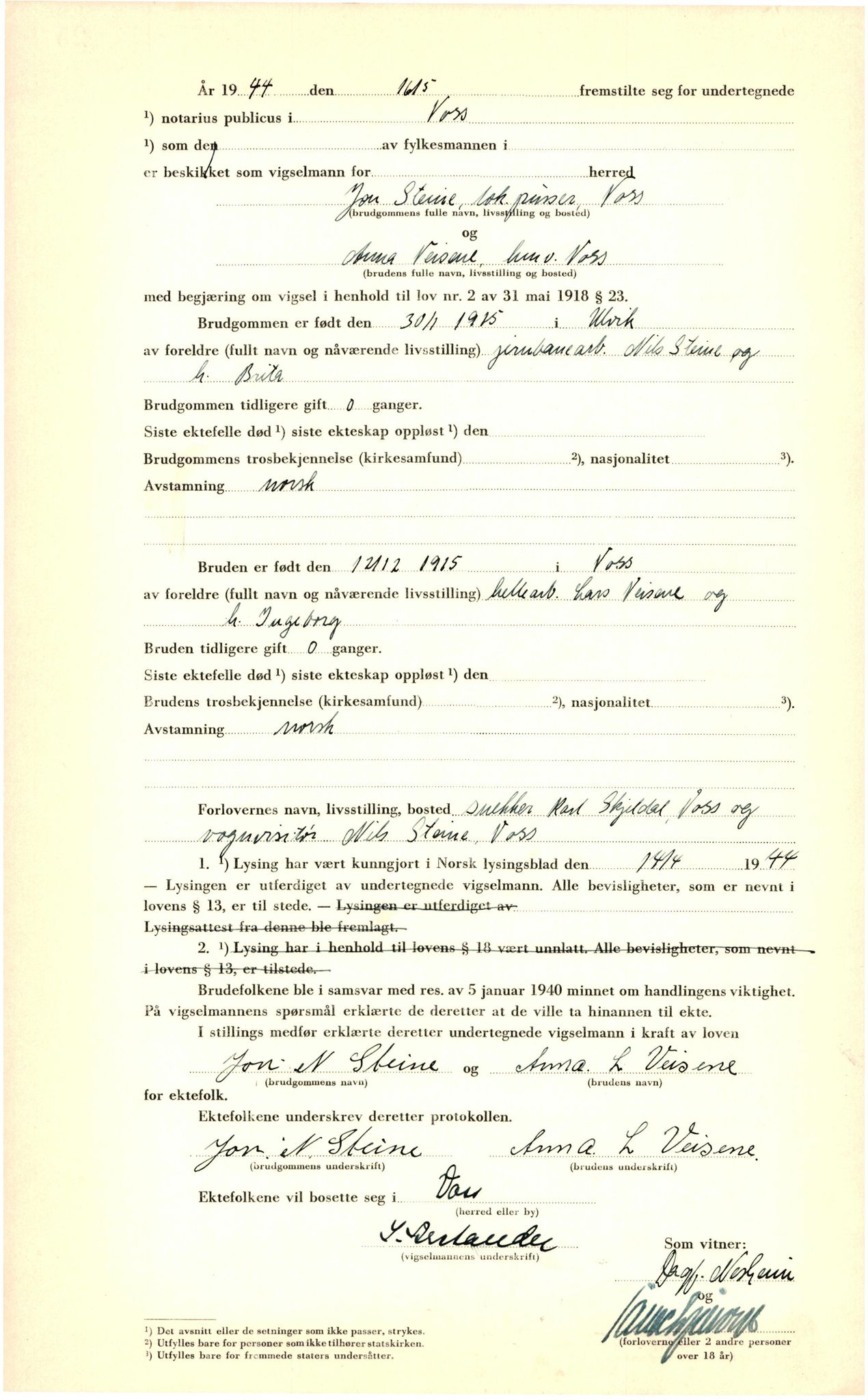 Voss sorenskrivar, AV/SAB-A-2701/M/Maa/L0002: Vigselbok, 1943-1945, p. 25b