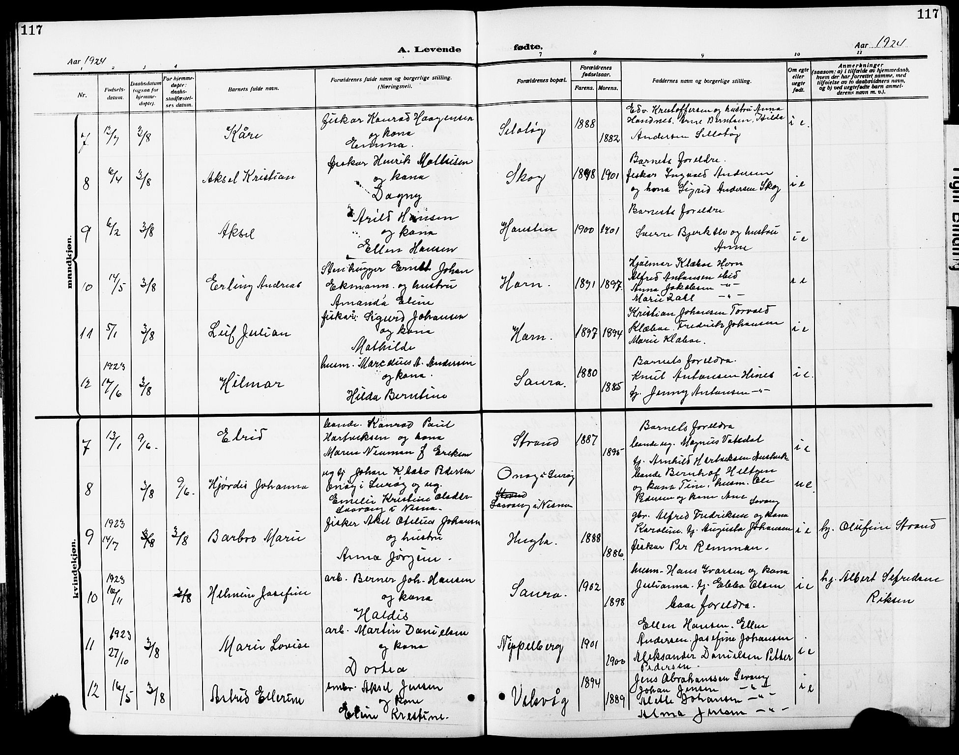 Ministerialprotokoller, klokkerbøker og fødselsregistre - Nordland, SAT/A-1459/838/L0560: Parish register (copy) no. 838C07, 1910-1928, p. 117
