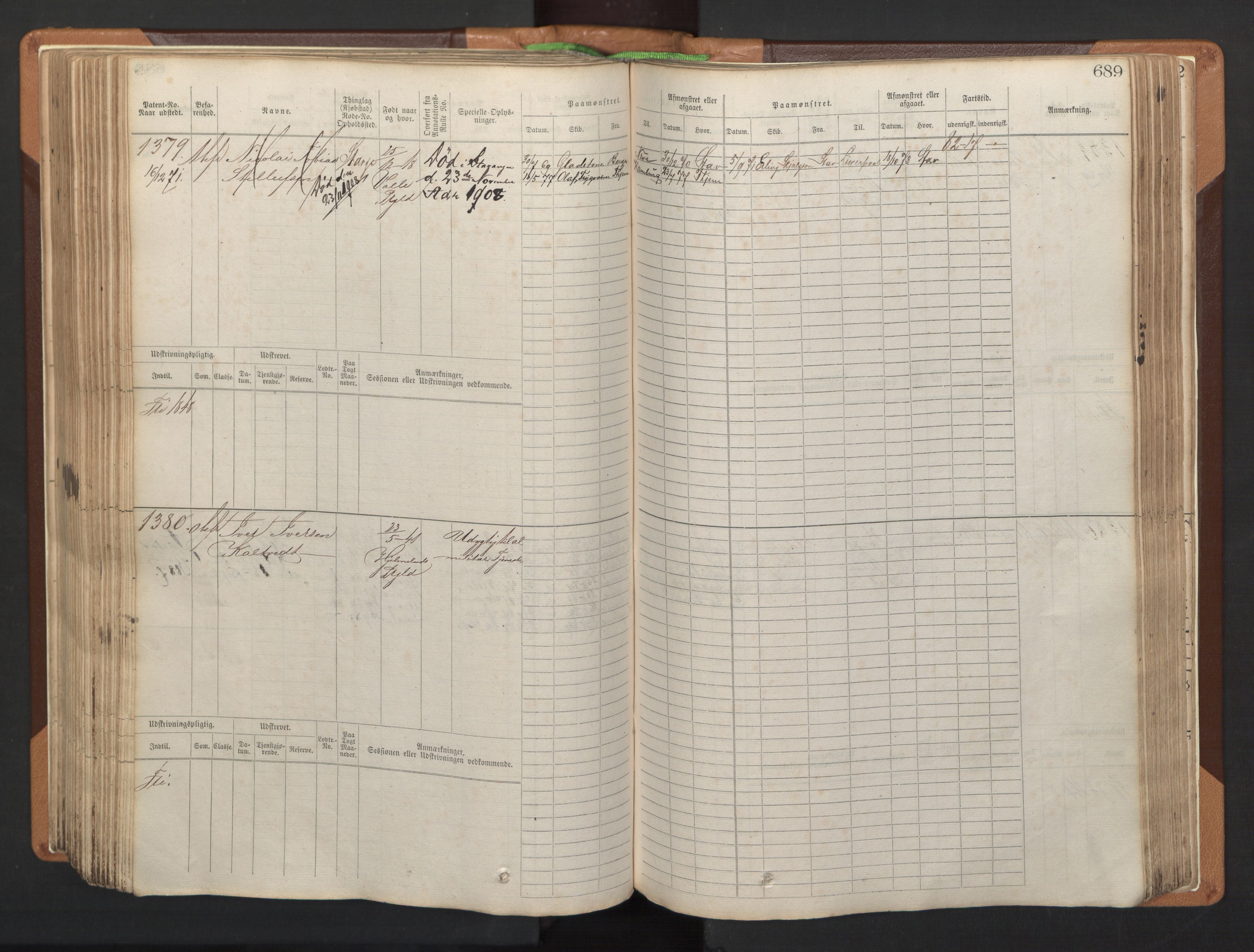 Stavanger sjømannskontor, AV/SAST-A-102006/F/Fb/Fbb/L0005: Sjøfartshovedrulle, patentnr. 793-1606 (del 2), 1869-1880, p. 301