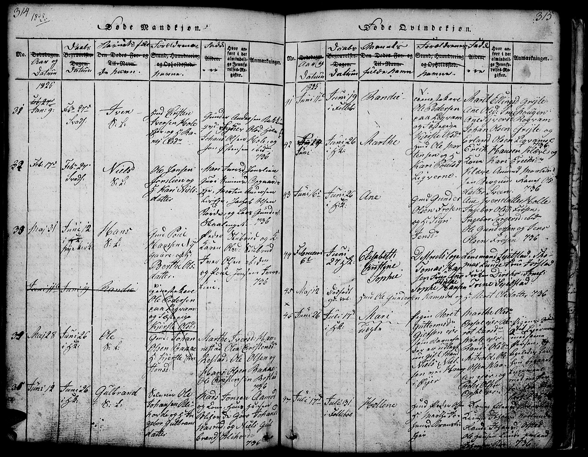 Gausdal prestekontor, AV/SAH-PREST-090/H/Ha/Hab/L0001: Parish register (copy) no. 1, 1817-1848, p. 314-315