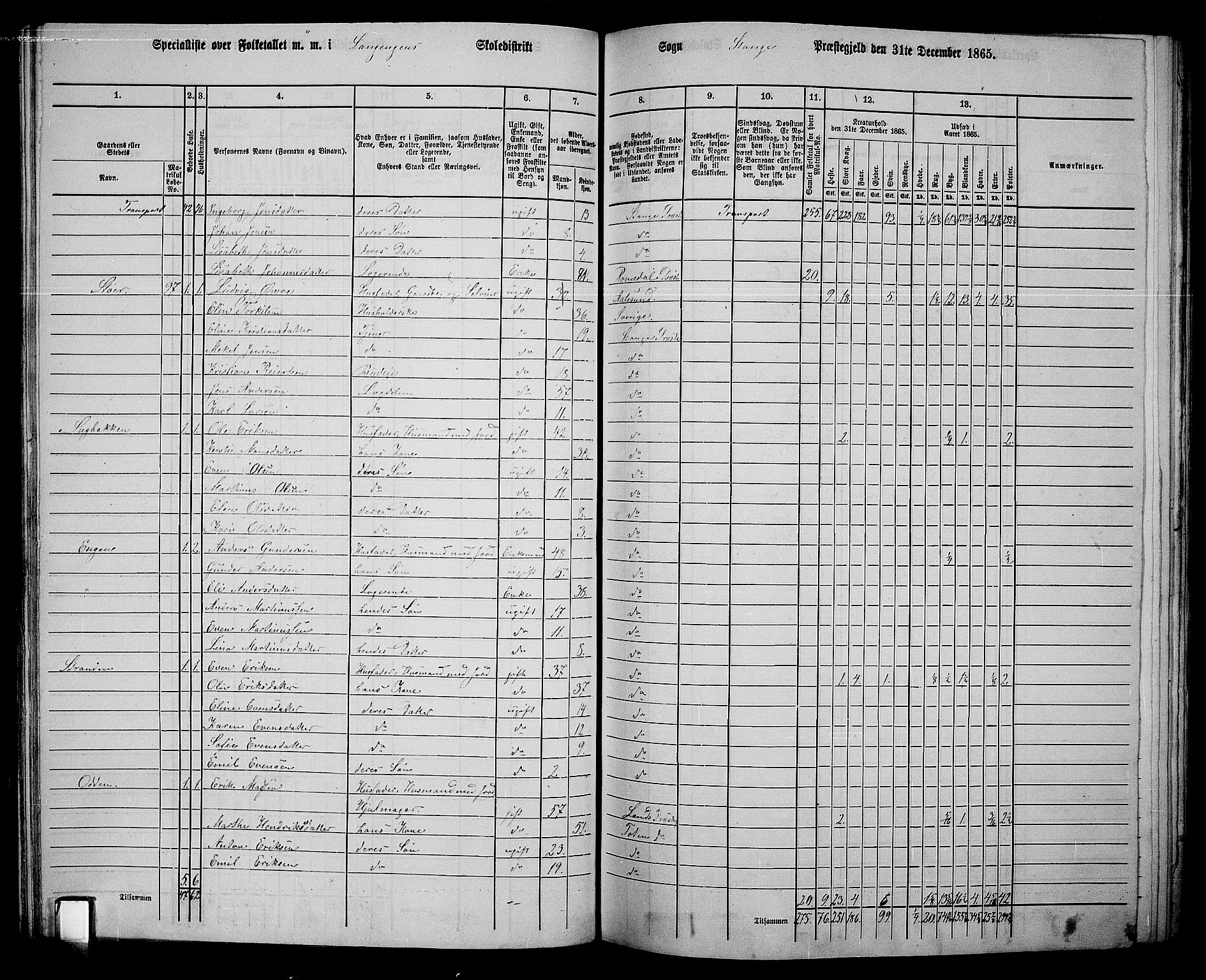 RA, 1865 census for Stange, 1865, p. 113