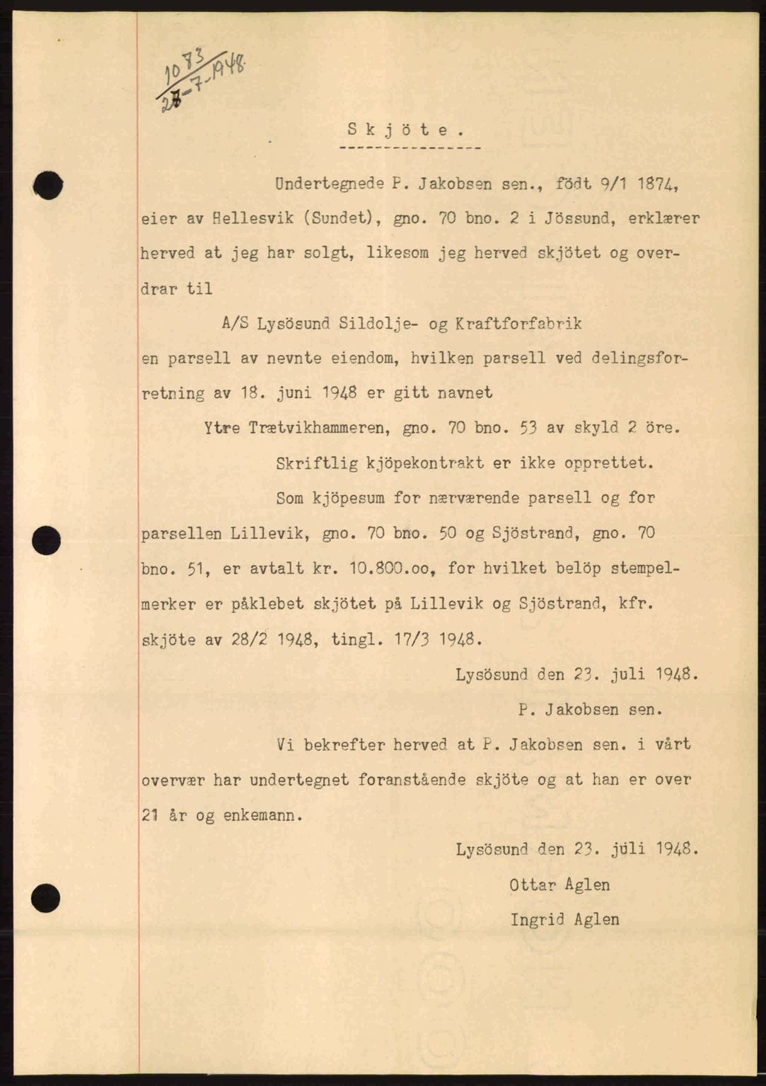 Fosen sorenskriveri, AV/SAT-A-1107/1/2/2C: Mortgage book no. A8, 1948-1948, Diary no: : 1073/1948