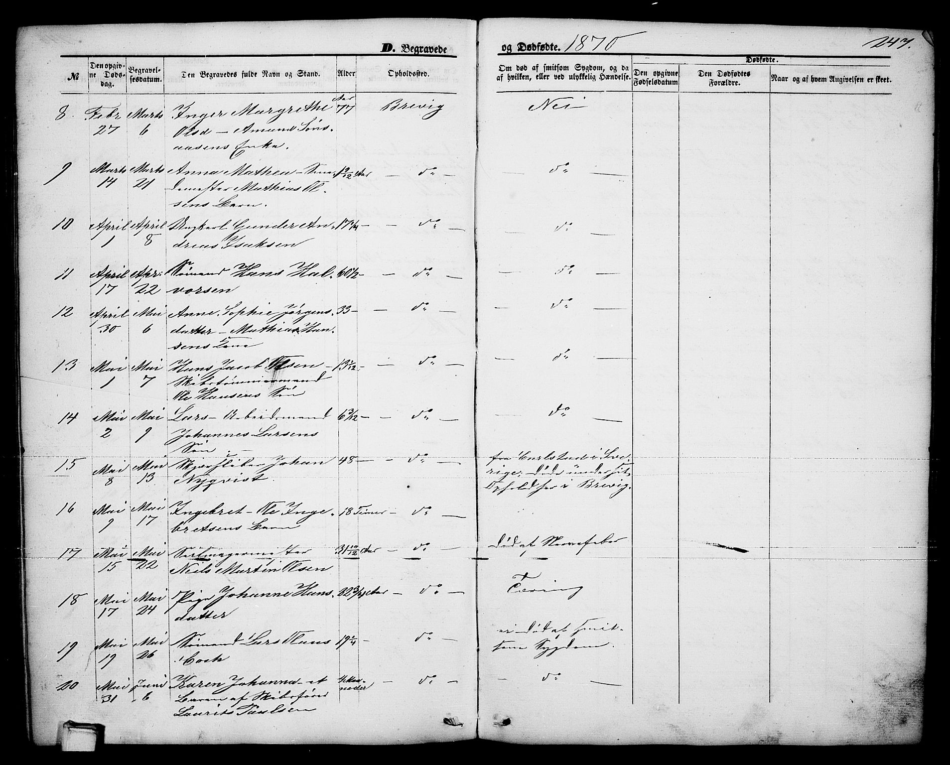 Brevik kirkebøker, AV/SAKO-A-255/G/Ga/L0003: Parish register (copy) no. 3, 1866-1881, p. 247