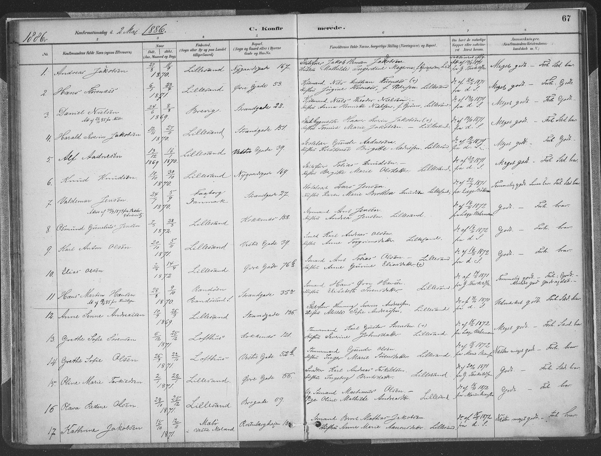 Vestre Moland sokneprestkontor, AV/SAK-1111-0046/F/Fa/Faa/L0001: Parish register (official) no. A 1, 1884-1899, p. 67