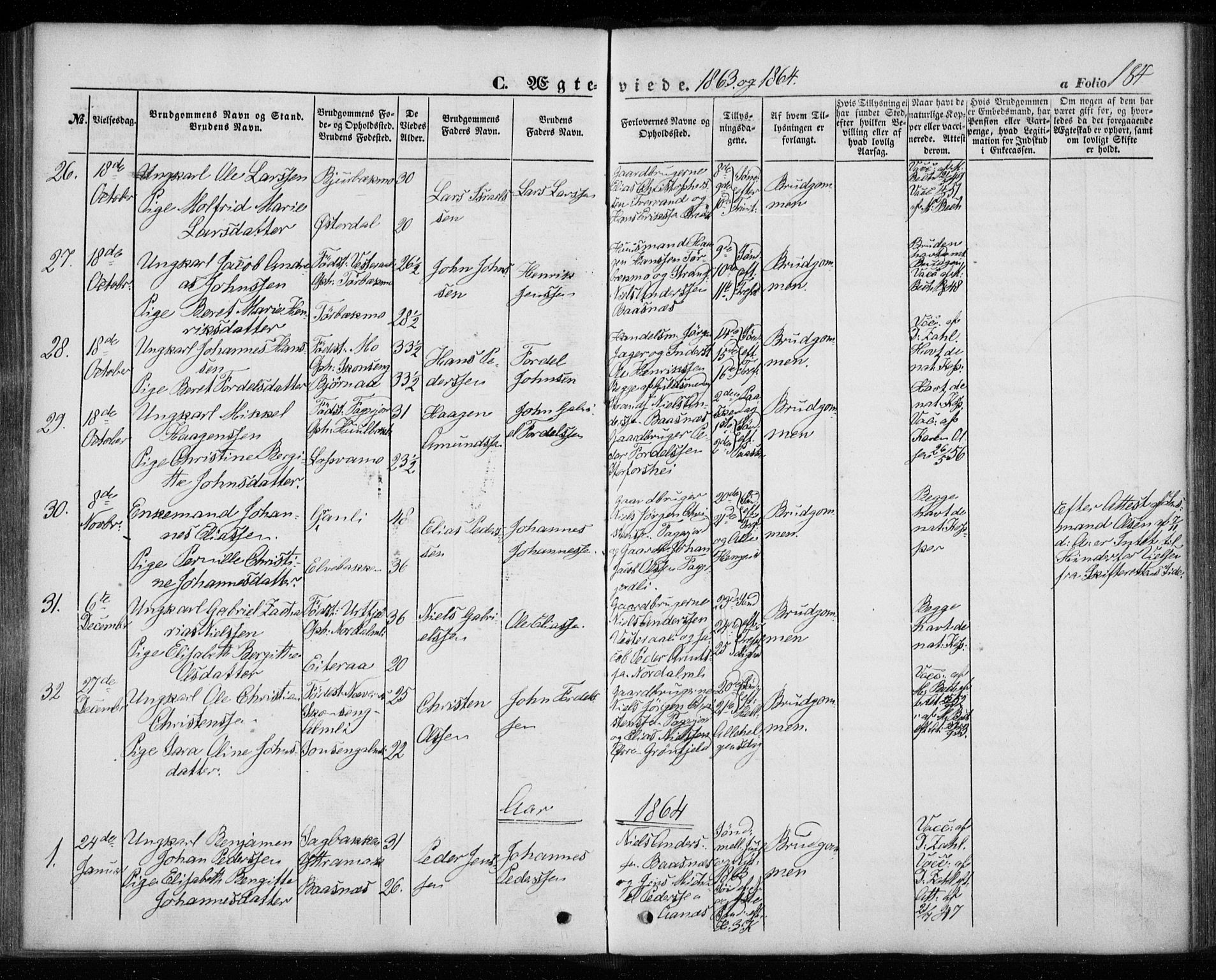 Ministerialprotokoller, klokkerbøker og fødselsregistre - Nordland, AV/SAT-A-1459/827/L0392: Parish register (official) no. 827A04, 1853-1866, p. 184